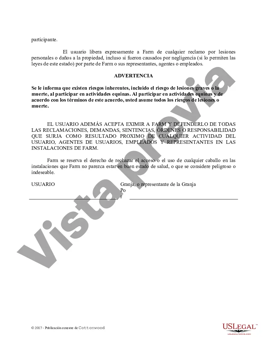 Preview Acuerdo de liberación de instalaciones - Espectáculo o clínica - Formularios equinos de caballos