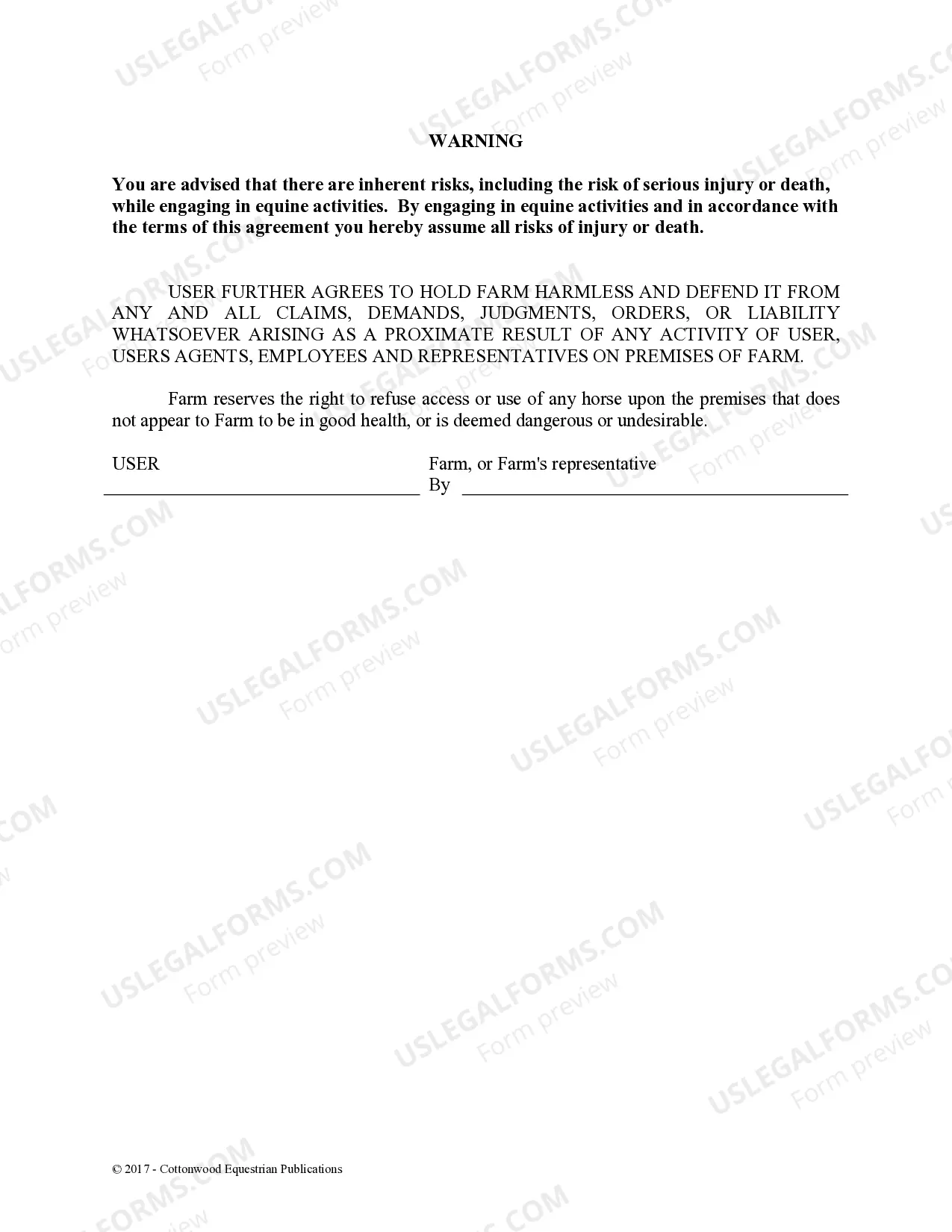 Preview Facility Release Agreement - Show Or Clinic - Horse Equine Forms