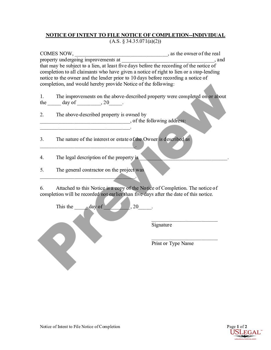 page 0 Notice of Intent to File Notice of Completion - Individual preview