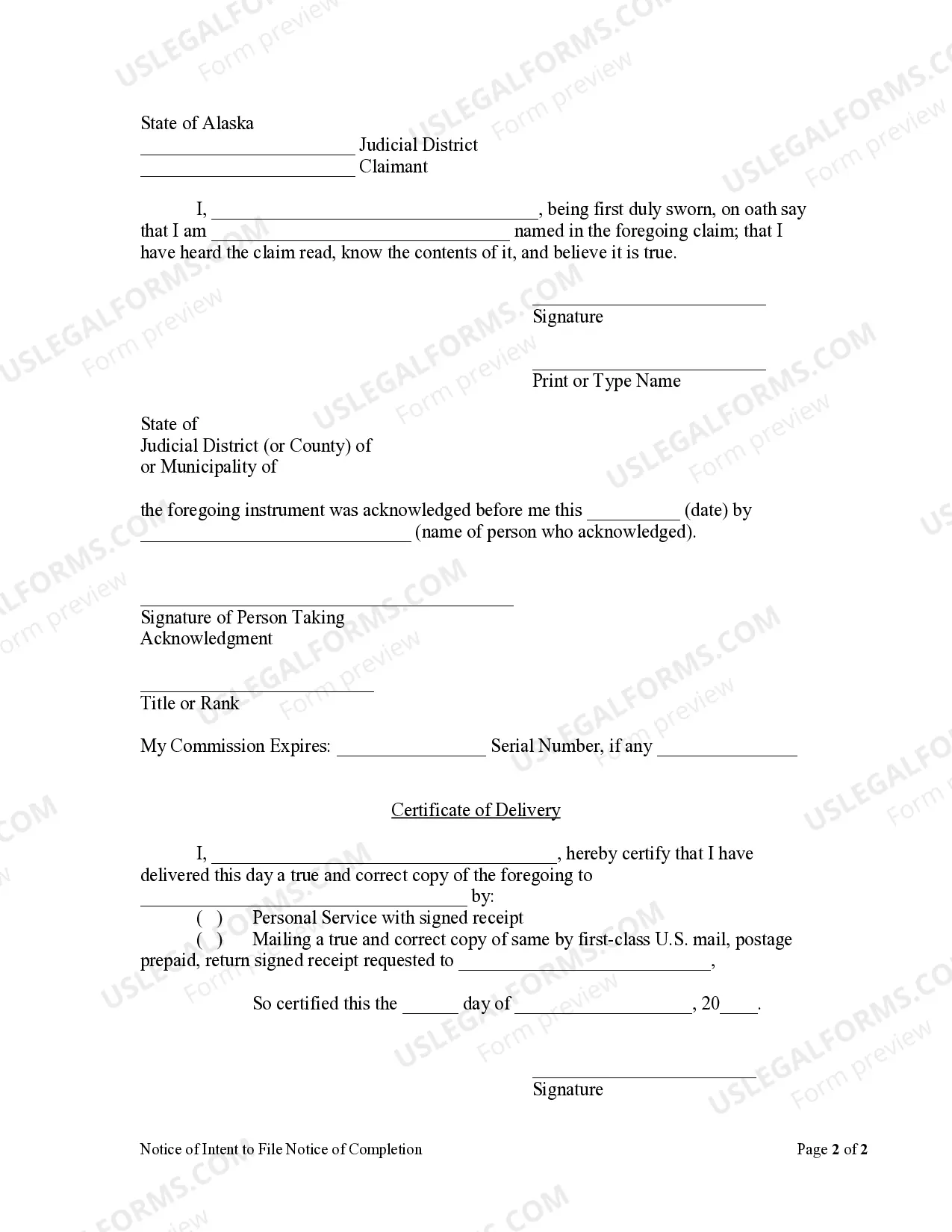 Preview Notice of Intent to File Notice of Completion - Individual