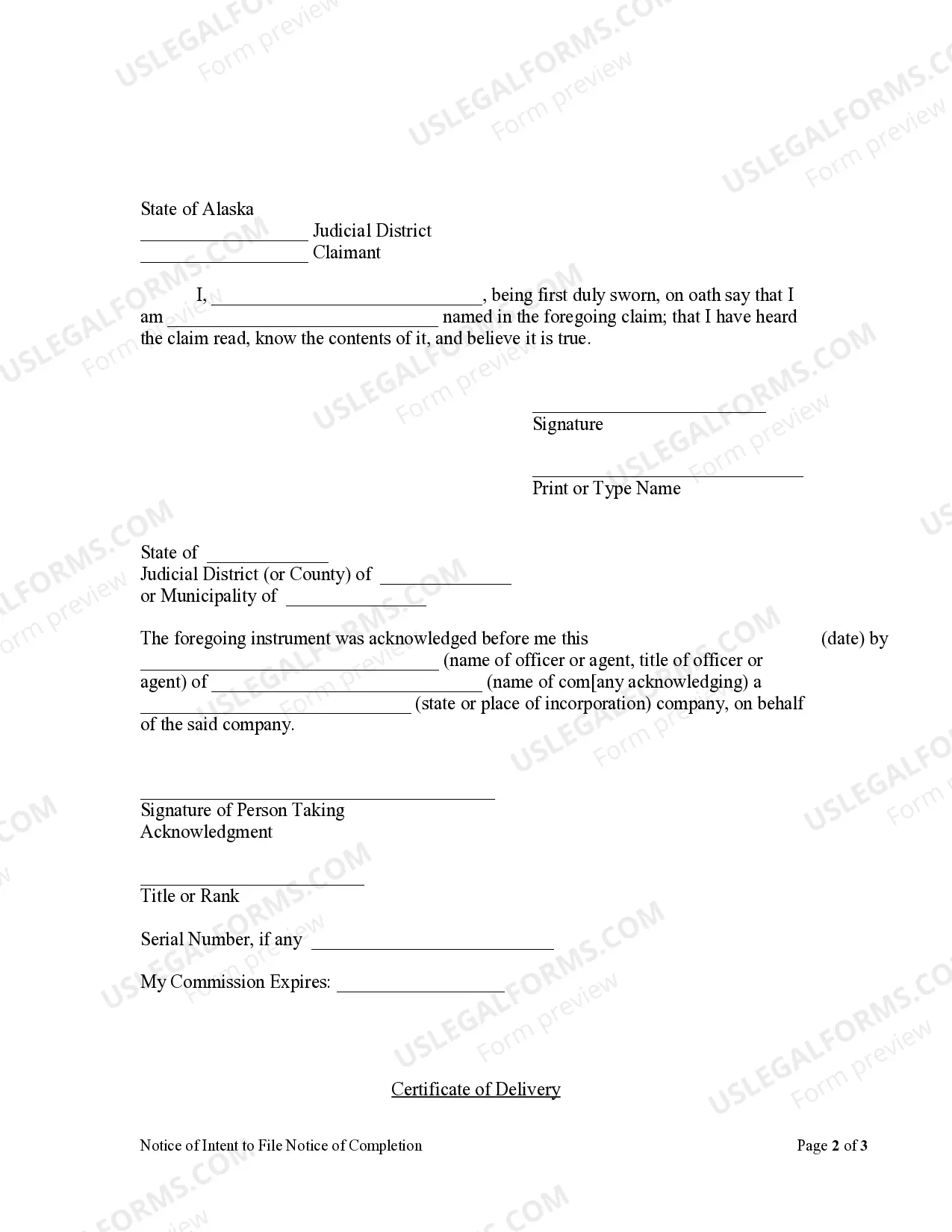 Preview Notice of Intent to File Notice of Completion - Corporation