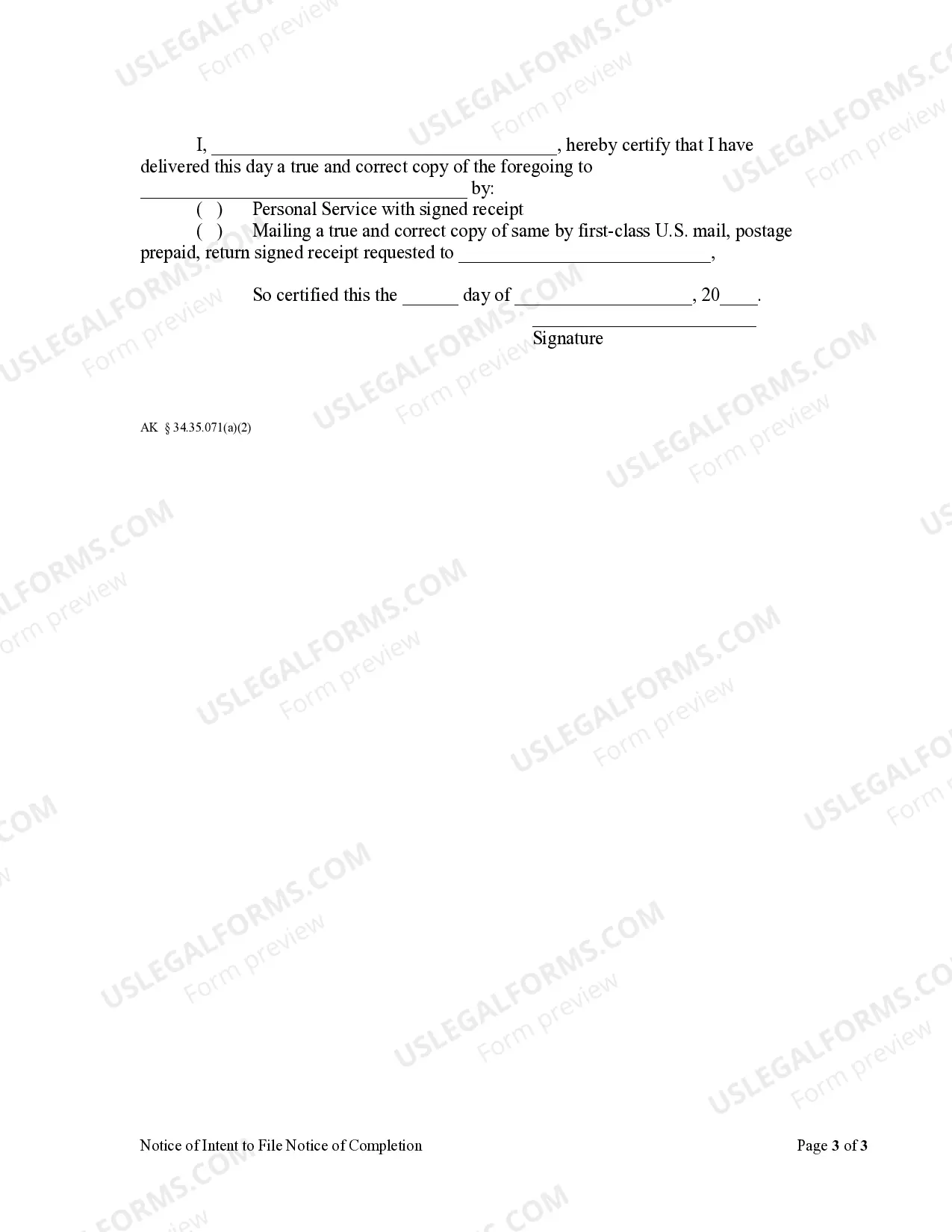 Preview Notice of Intent to File Notice of Completion - Corporation