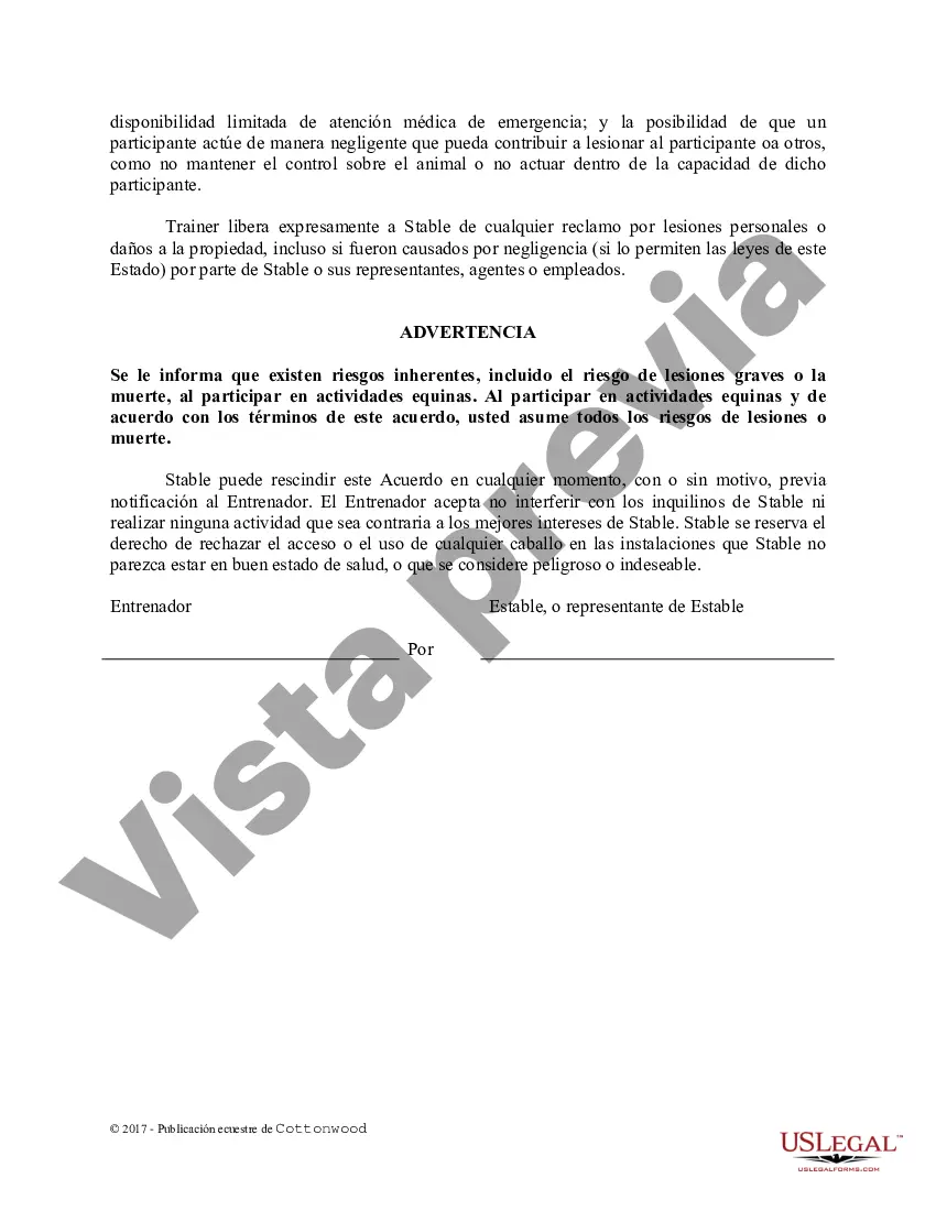 Preview Acuerdo de uso de las instalaciones del entrenador - Formularios equinos de caballos