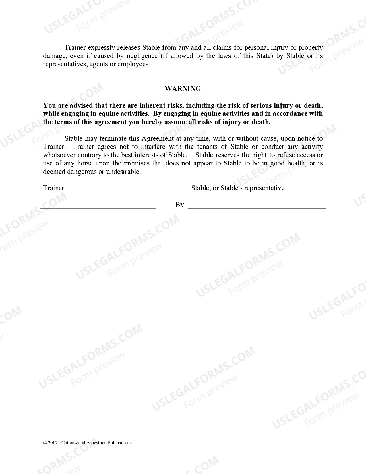 Preview Trainer's Facility Use Agreement - Horse Equine Forms