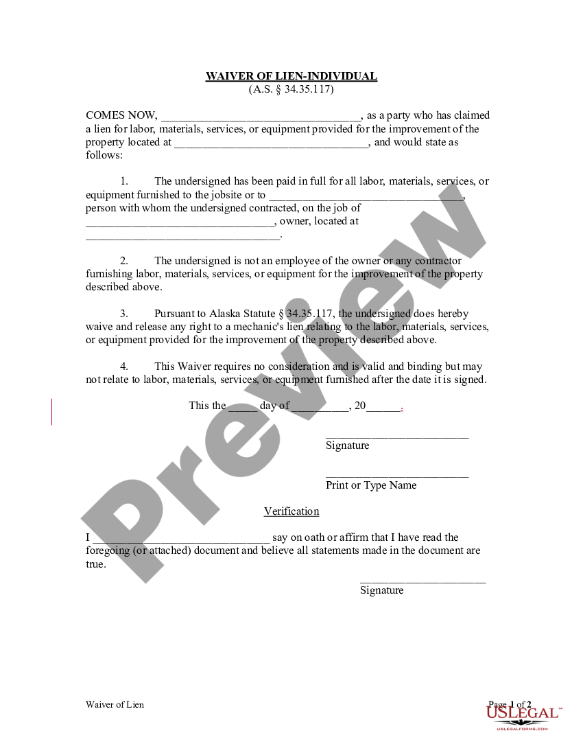 Alaska Lien Waiver Form Pdf | US Legal Forms