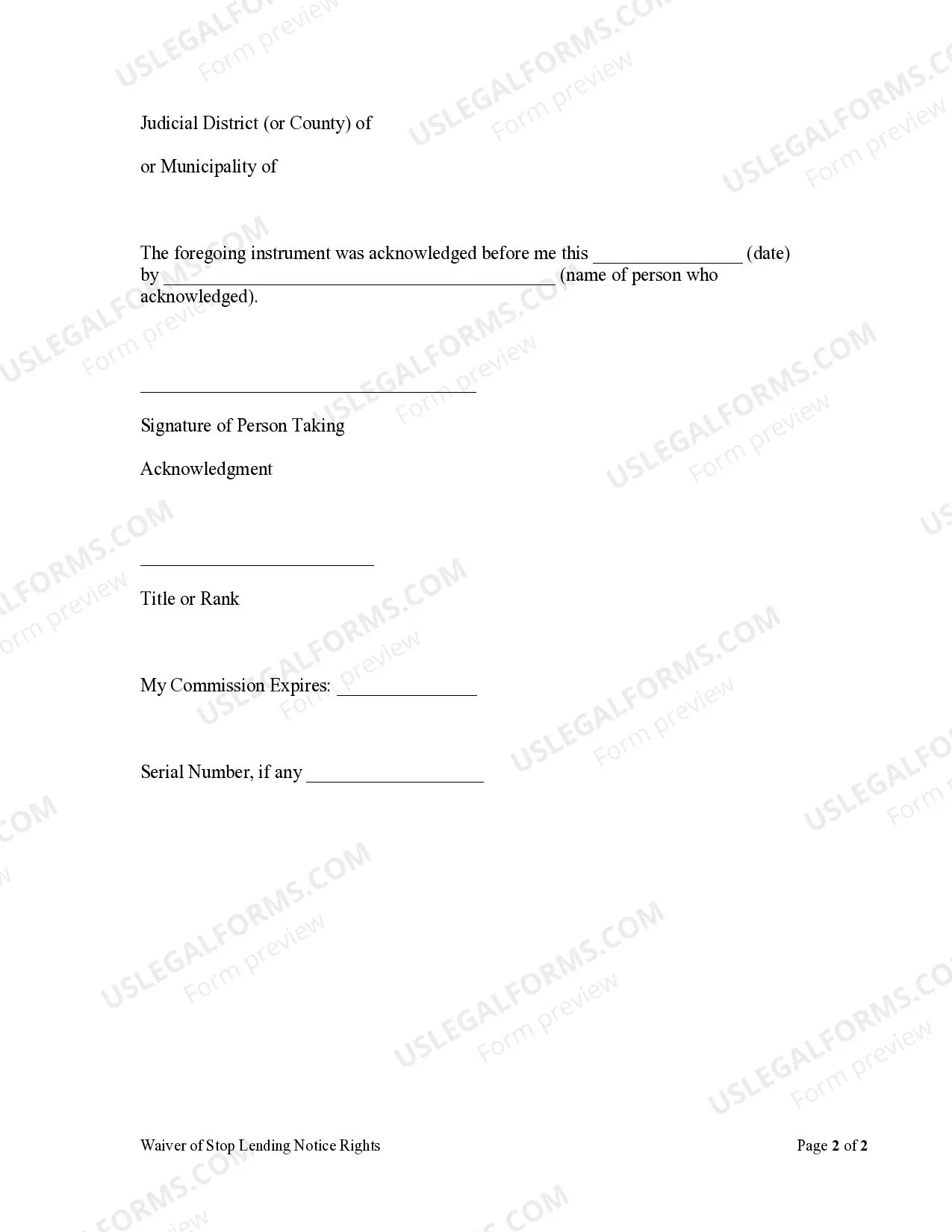 Preview Waiver of Stop-Lending Notice Rights - Individual