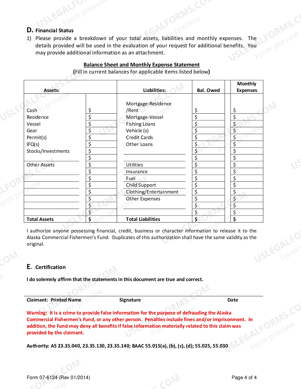 Preview Fishermen's Fund, Compelling Reasons Questionnaire