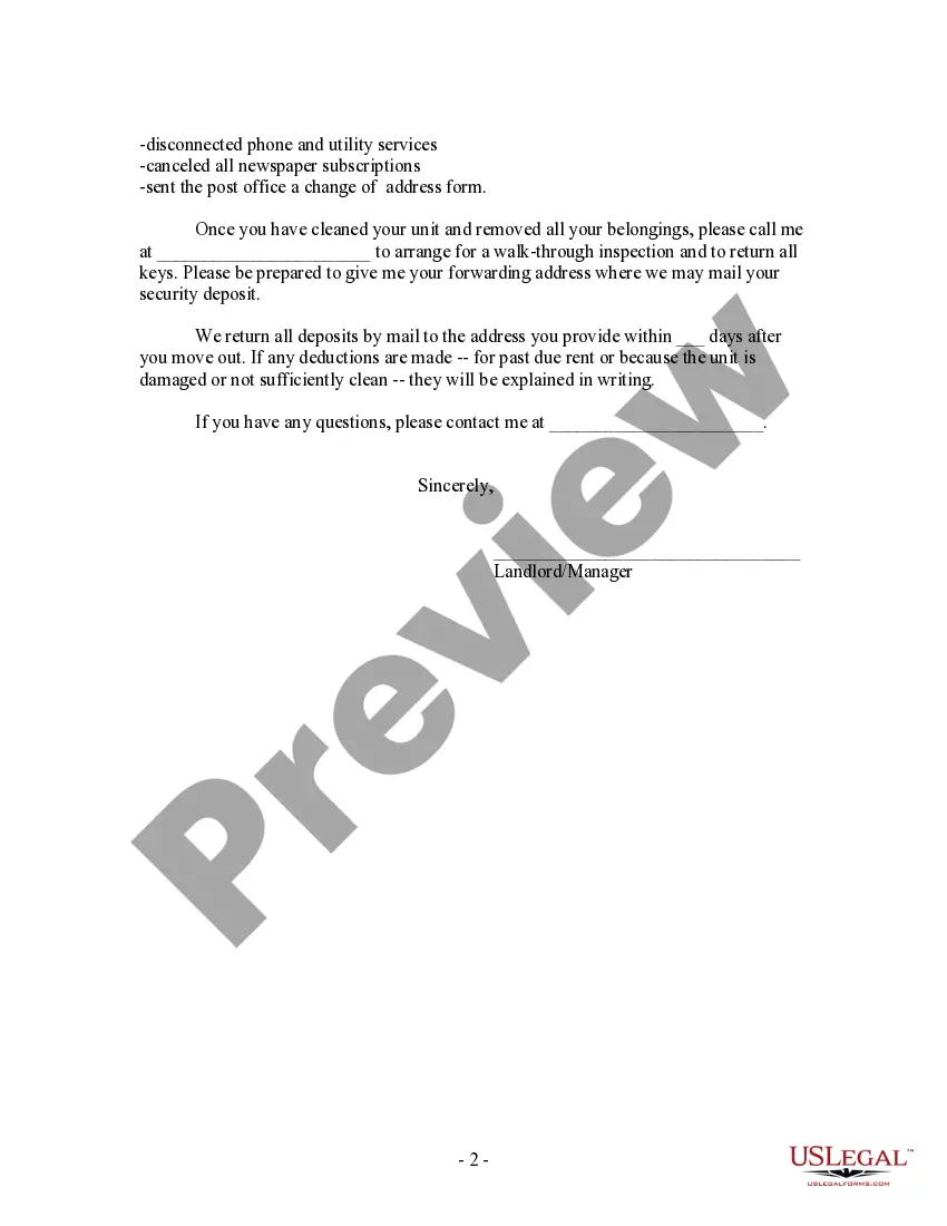 Get Letter from Landlord to Tenant with Directions regarding cleaning and procedures for move out Preview Letter from Landlord to Tenant with Directions regarding cleaning and procedures for move out