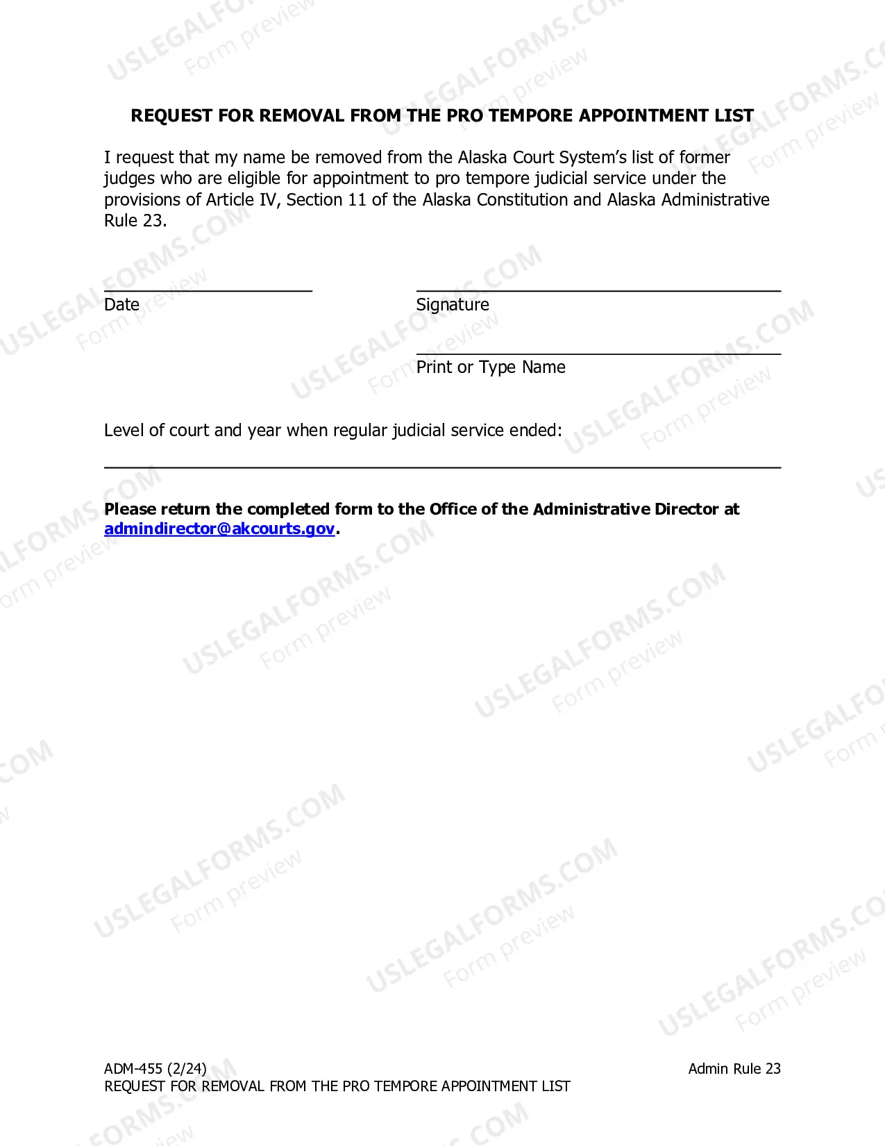 Preview Request for Removal from the Pro Tempore Appointment List