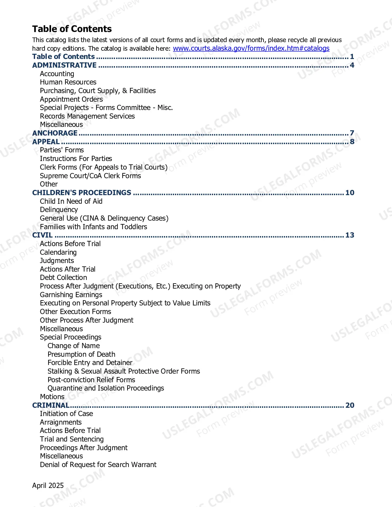 Preview Alaska Court System Forms Catalog