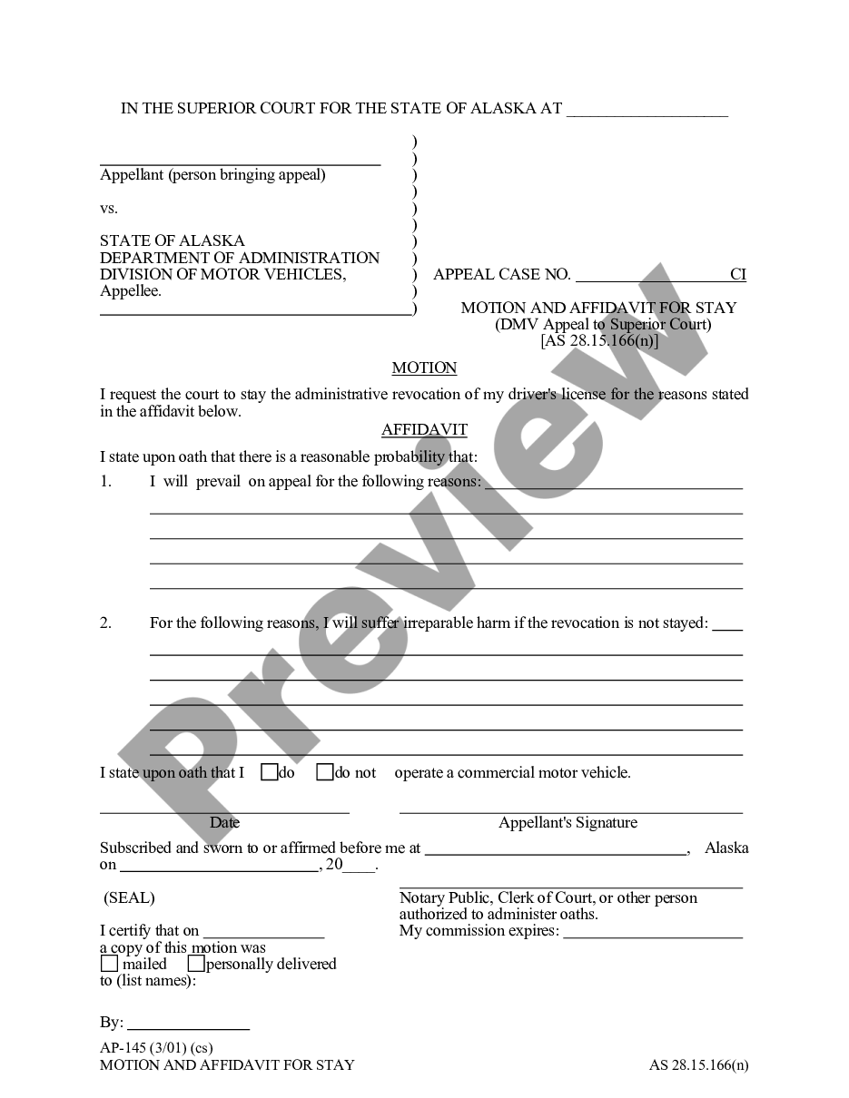 form Motion and Affidavit for Stay - DMV Appeal to Superior Court preview
