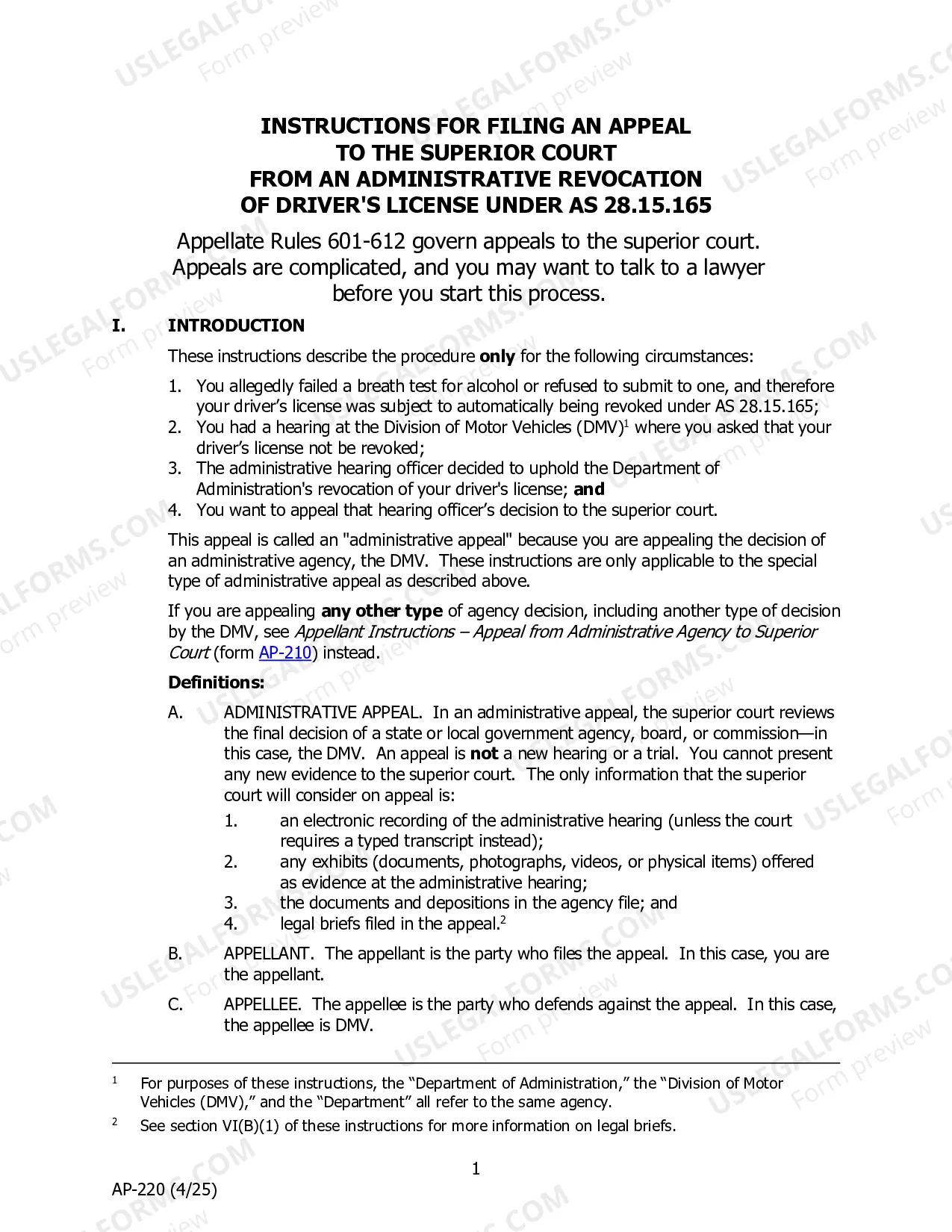 Preview Appellant Instructions - Appeal to Superior Court from Administrative Revocation of Driver's License Under Alaska Statute 28.15.165