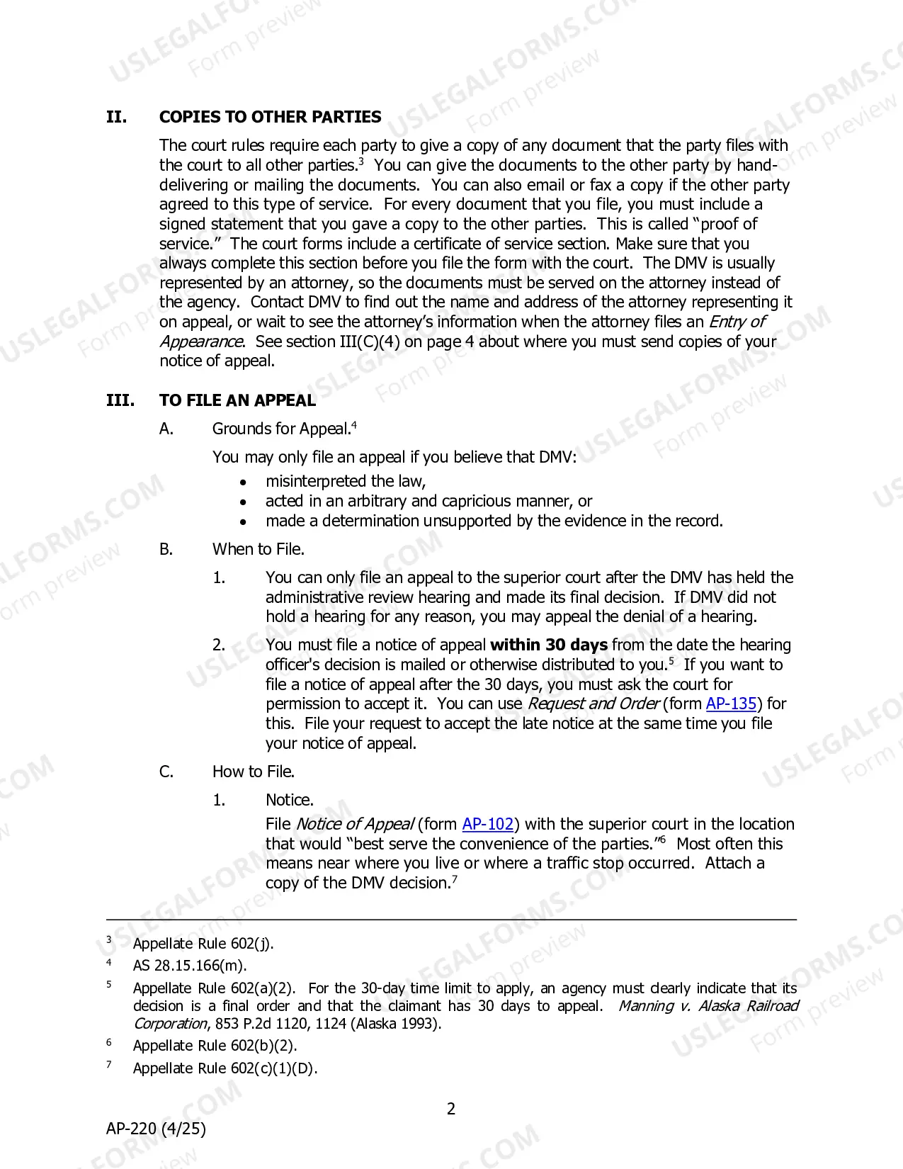 Preview Appellant Instructions - Appeal to Superior Court from Administrative Revocation of Driver's License Under Alaska Statute 28.15.165