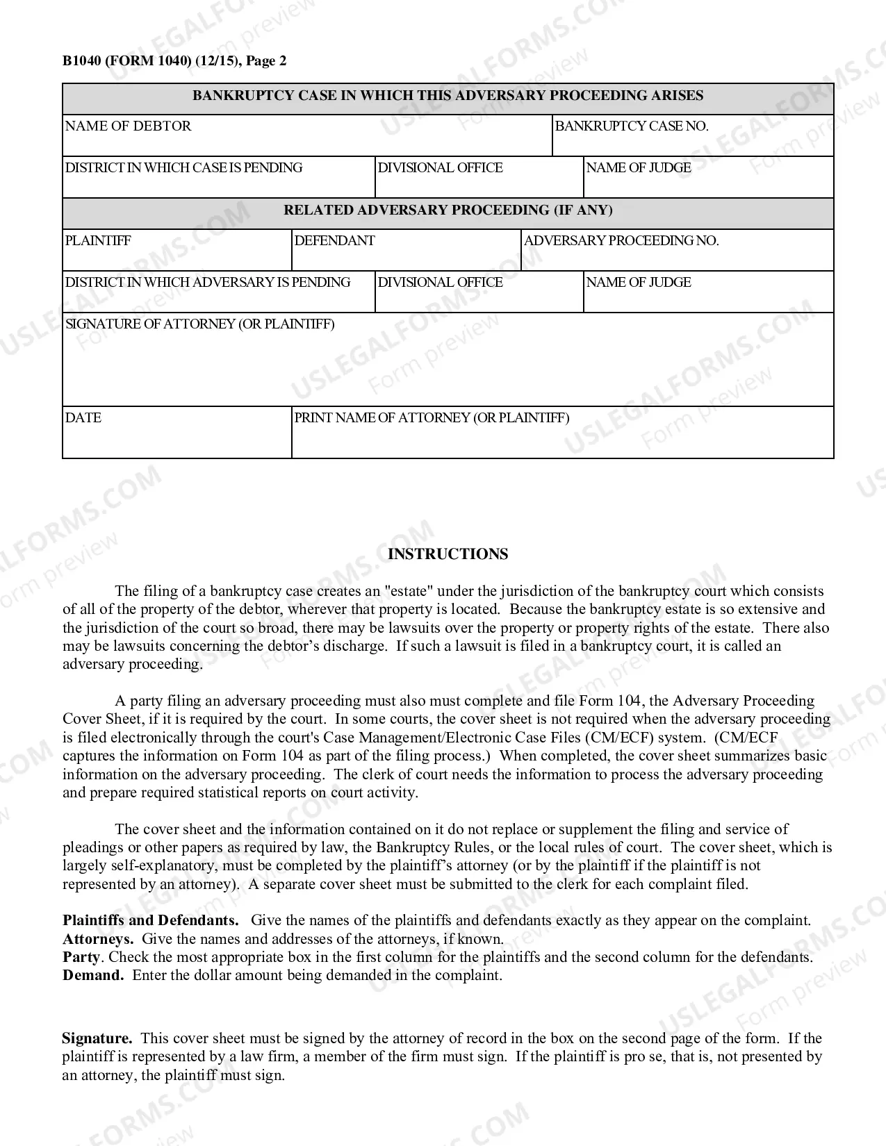 Preview Adversary Proceeding Cover Sheet