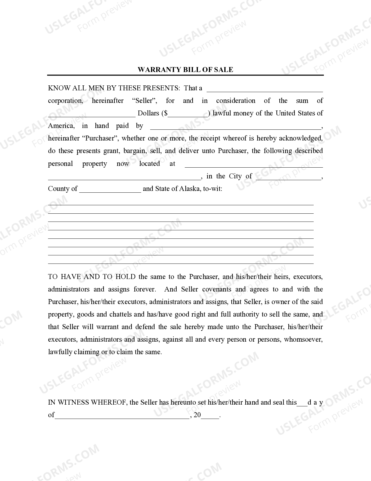 Alaska Bill of Sale with Warranty for Corporate Seller Ak Bill Sale