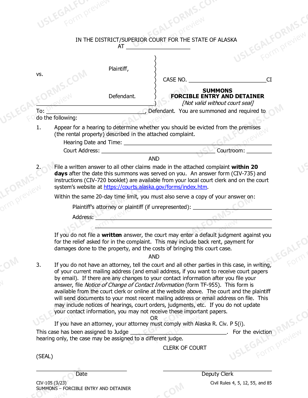 Alaska Summons Forcible Entry and Detainer (For all locations other
