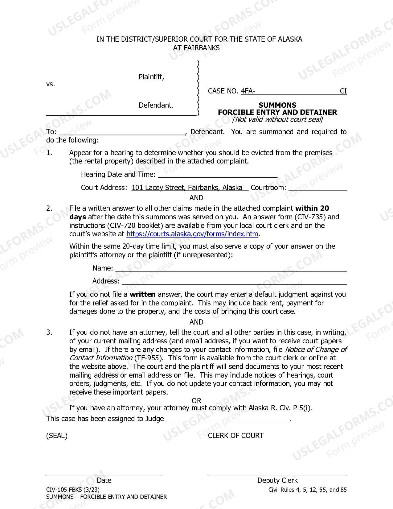 Alaska Summons Forcible Entry and Detainer (Fairbanks Only) US