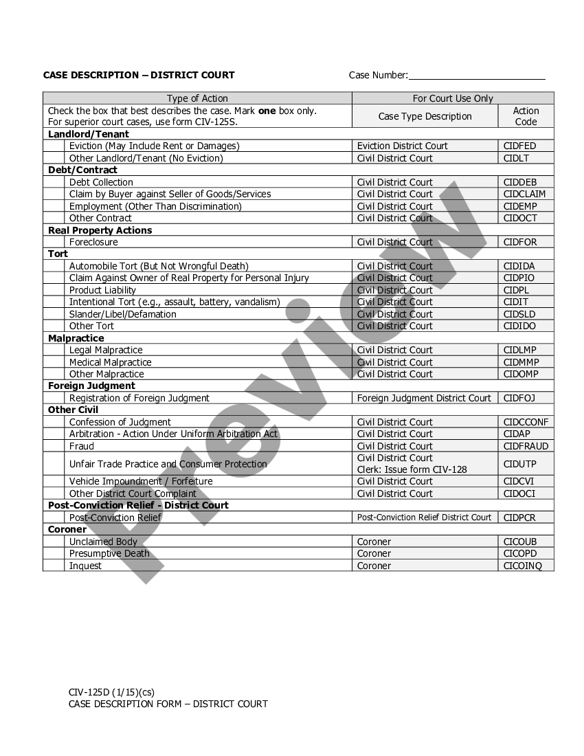 Alaska Case Description Form District Court (For Use in Anchorage