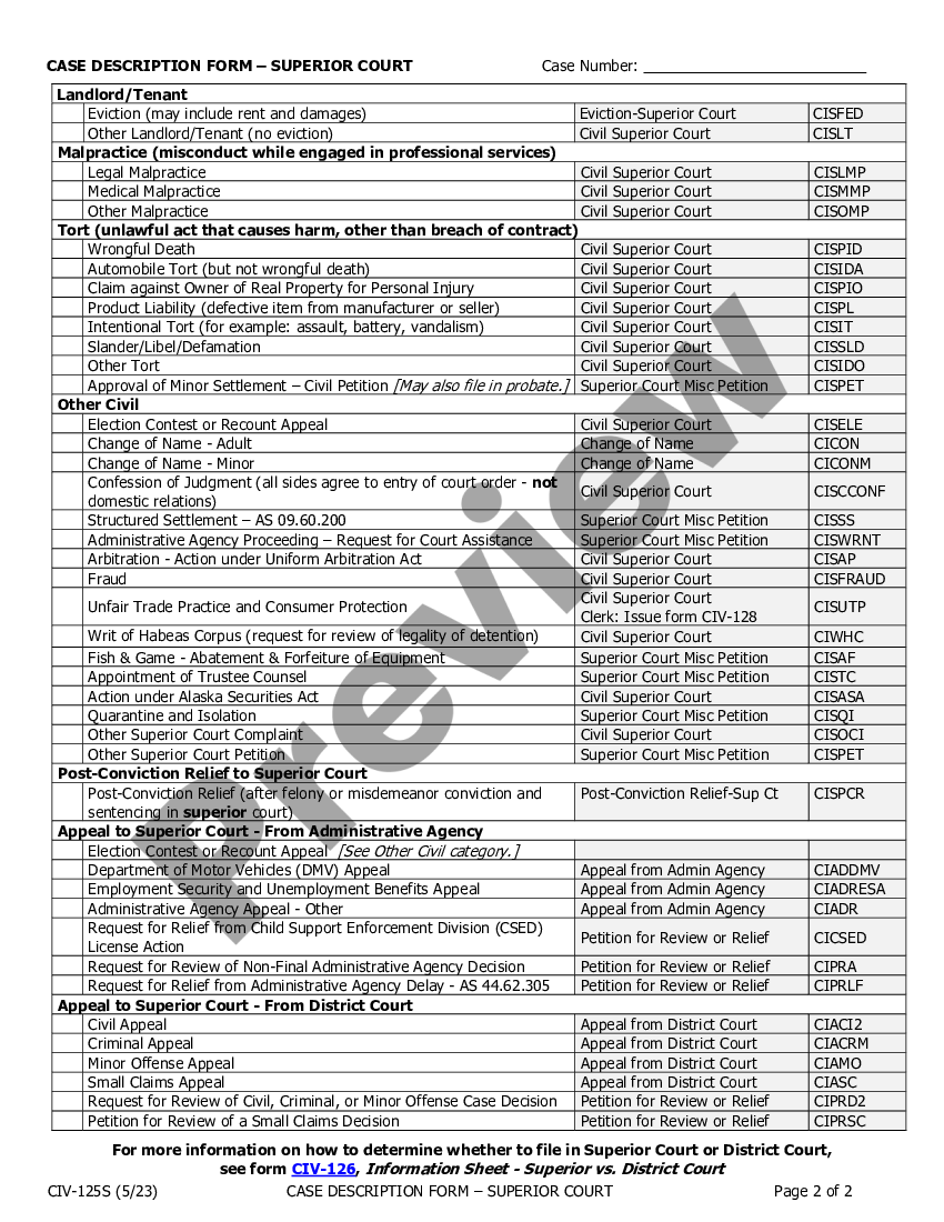 Alaska Case Description Form Superior Court (For use in Anchorage