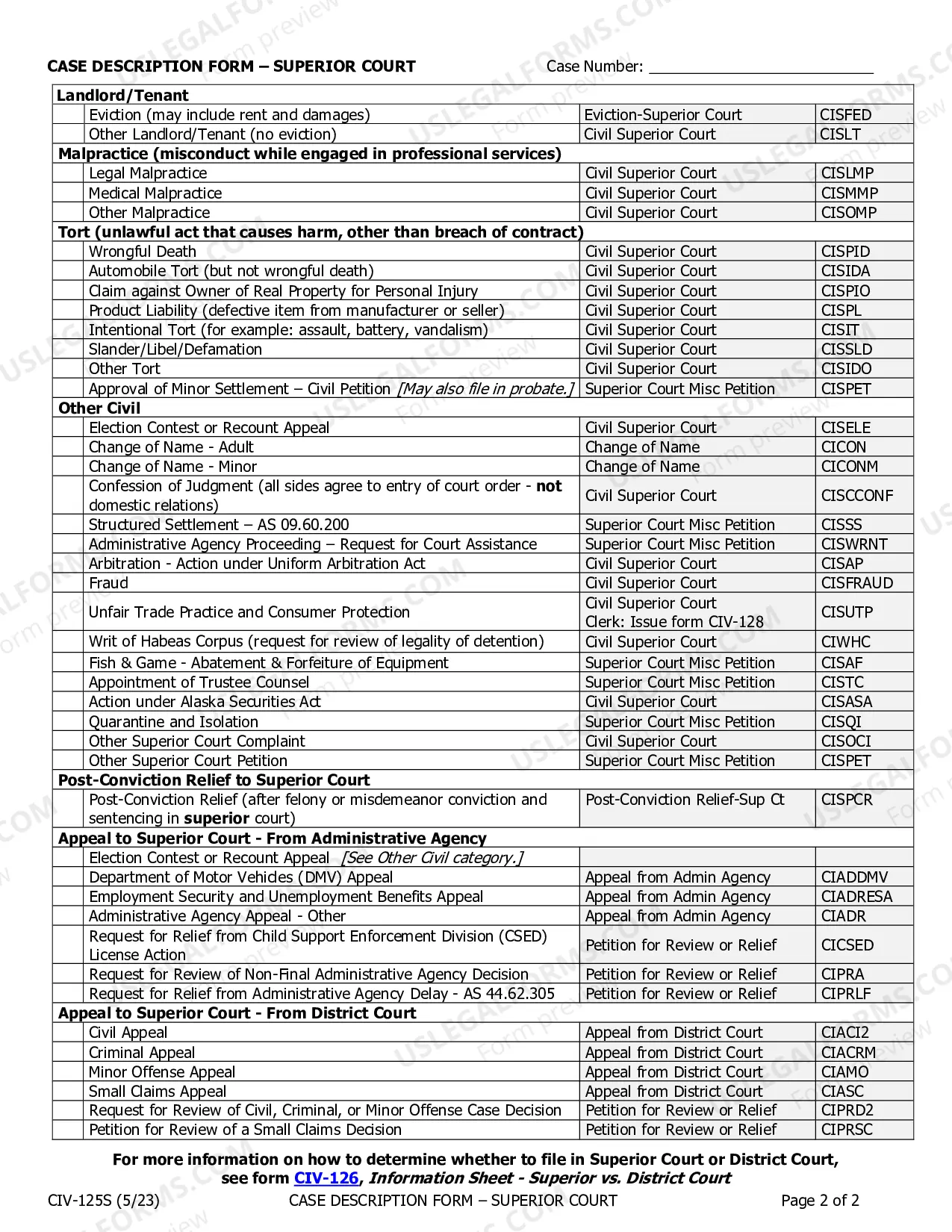 Preview Case Description Form - Superior Court (For use in Anchorage, Barrow, Fairbanks, Kotzebue, Nome and Palmer courts only)