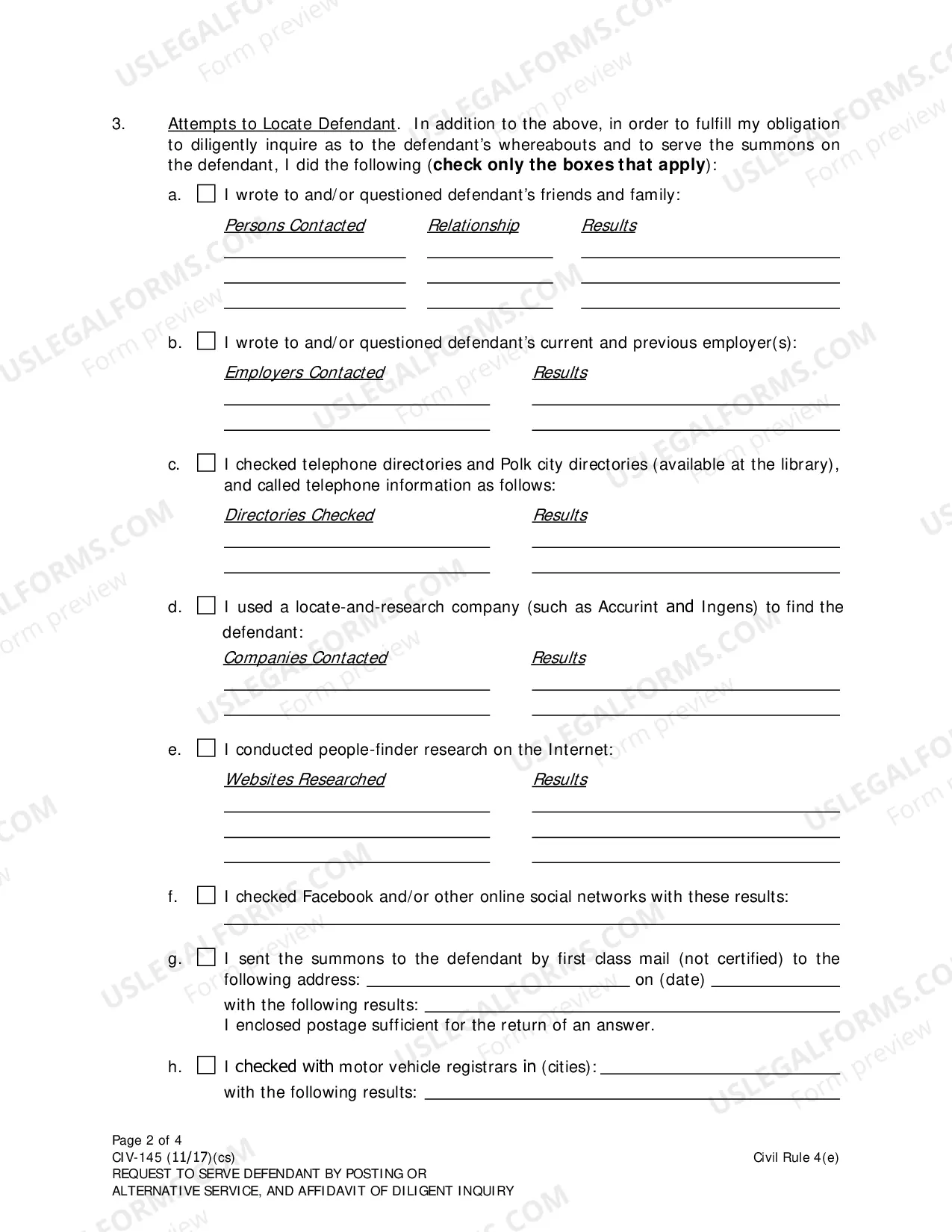 Preview Request to Serve Defendant by Posting or Alternative Service, and Affidavit of Diligent Inquiry