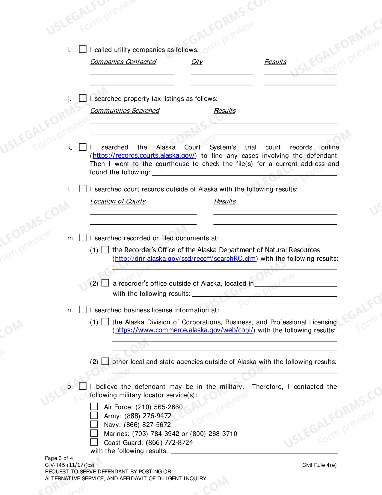 Preview Request to Serve Defendant by Posting or Alternative Service, and Affidavit of Diligent Inquiry