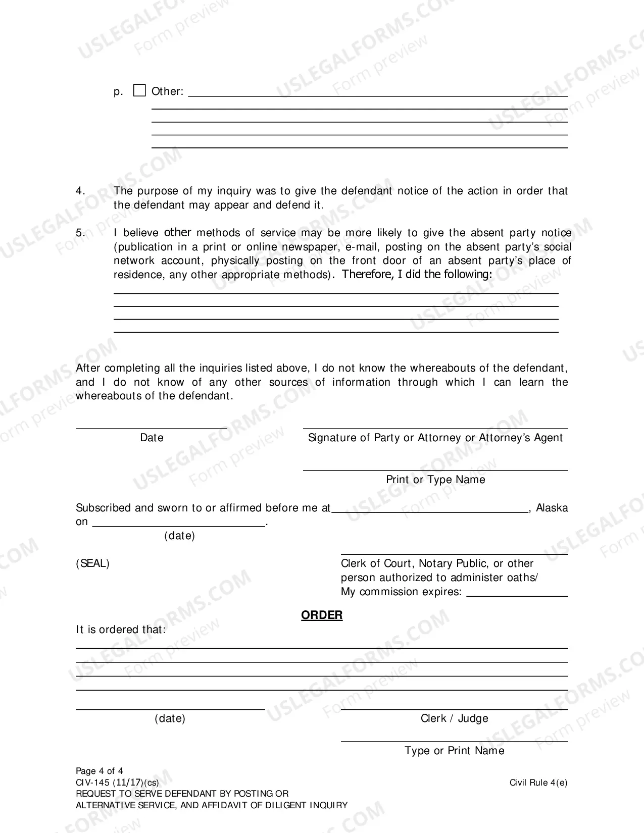 Preview Request to Serve Defendant by Posting or Alternative Service, and Affidavit of Diligent Inquiry