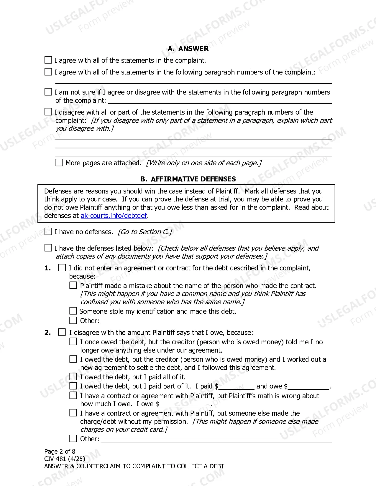 Preview Answer and Counterclaim to Complaint to Collect a Debt