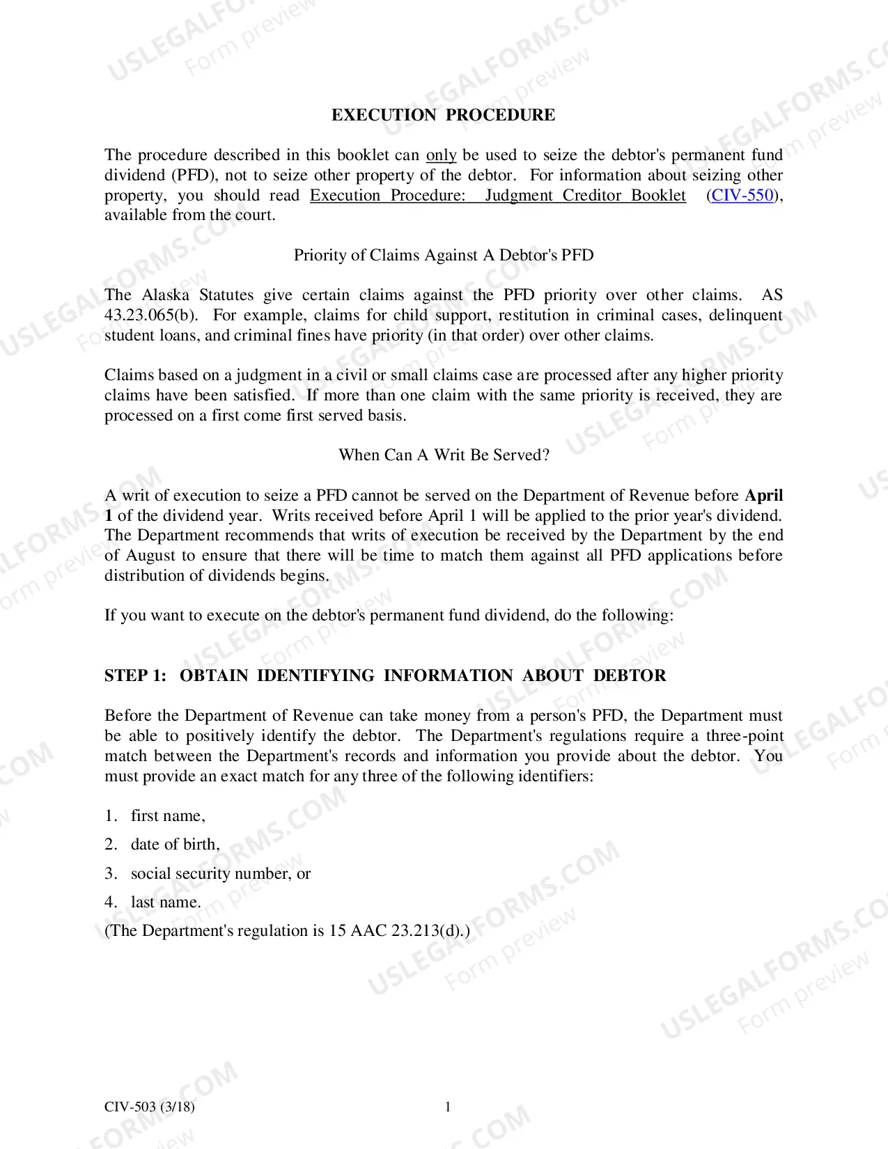 Preview Executing on the Permanent Fund Dividend: Creditor's Instructions, CIV-503