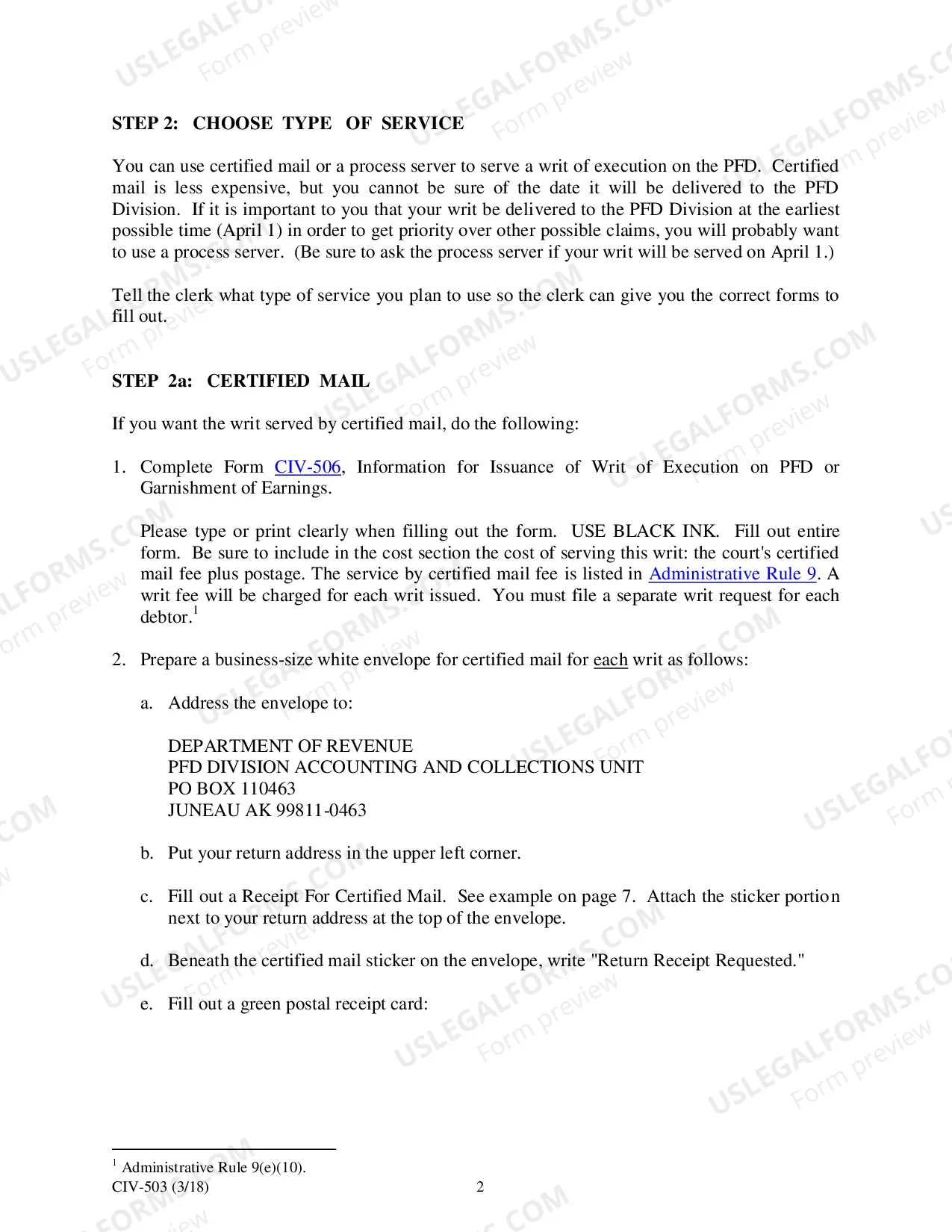 Preview Executing on the Permanent Fund Dividend: Creditor's Instructions, CIV-503