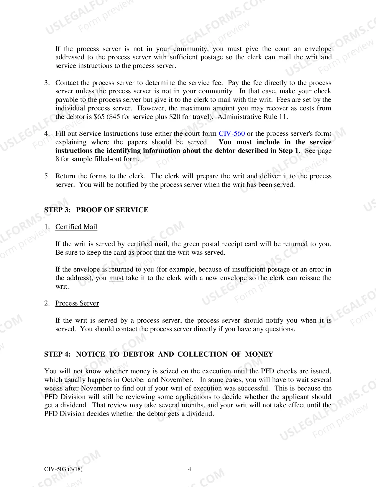 Preview Executing on the Permanent Fund Dividend: Creditor's Instructions, CIV-503