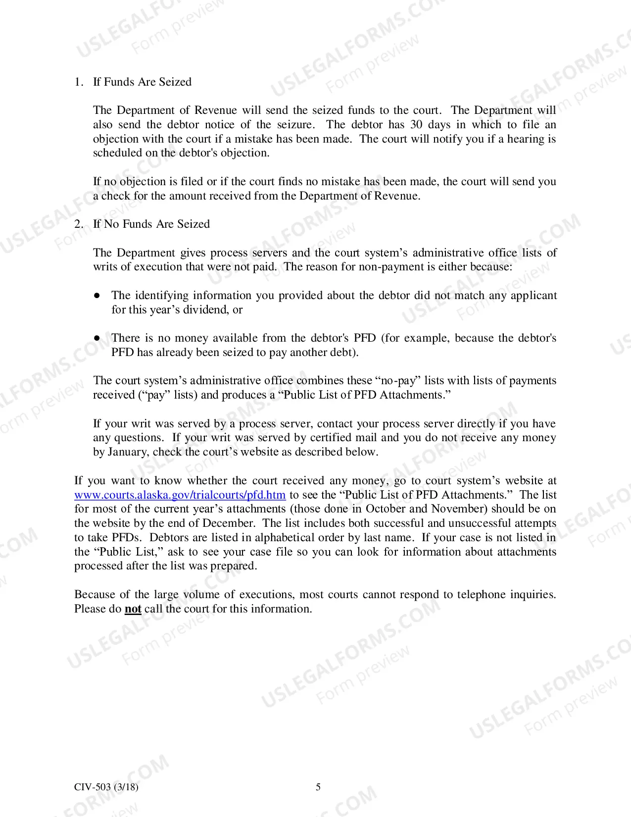 Preview Executing on the Permanent Fund Dividend: Creditor's Instructions, CIV-503