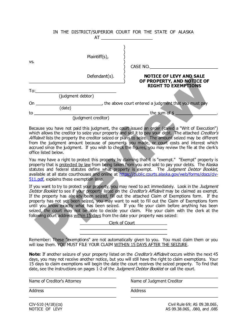 Alaska Notice of Levy and Sale of Property and Notice of Right to