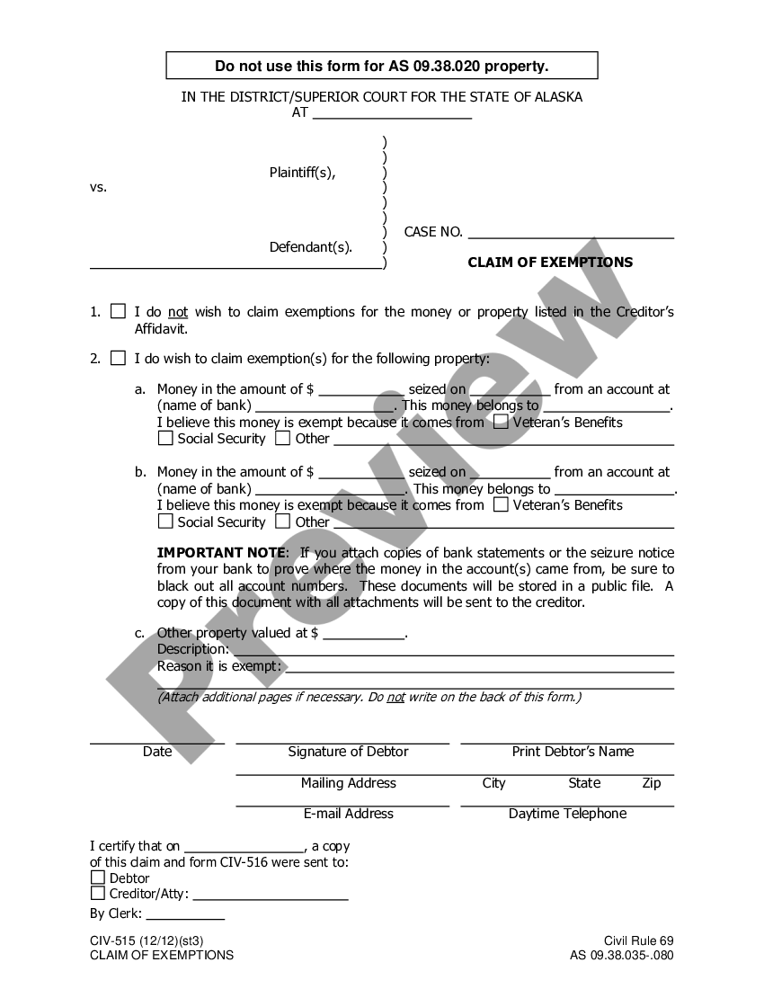 Alaska Claim Of Exemptions Us Legal Forms 1508