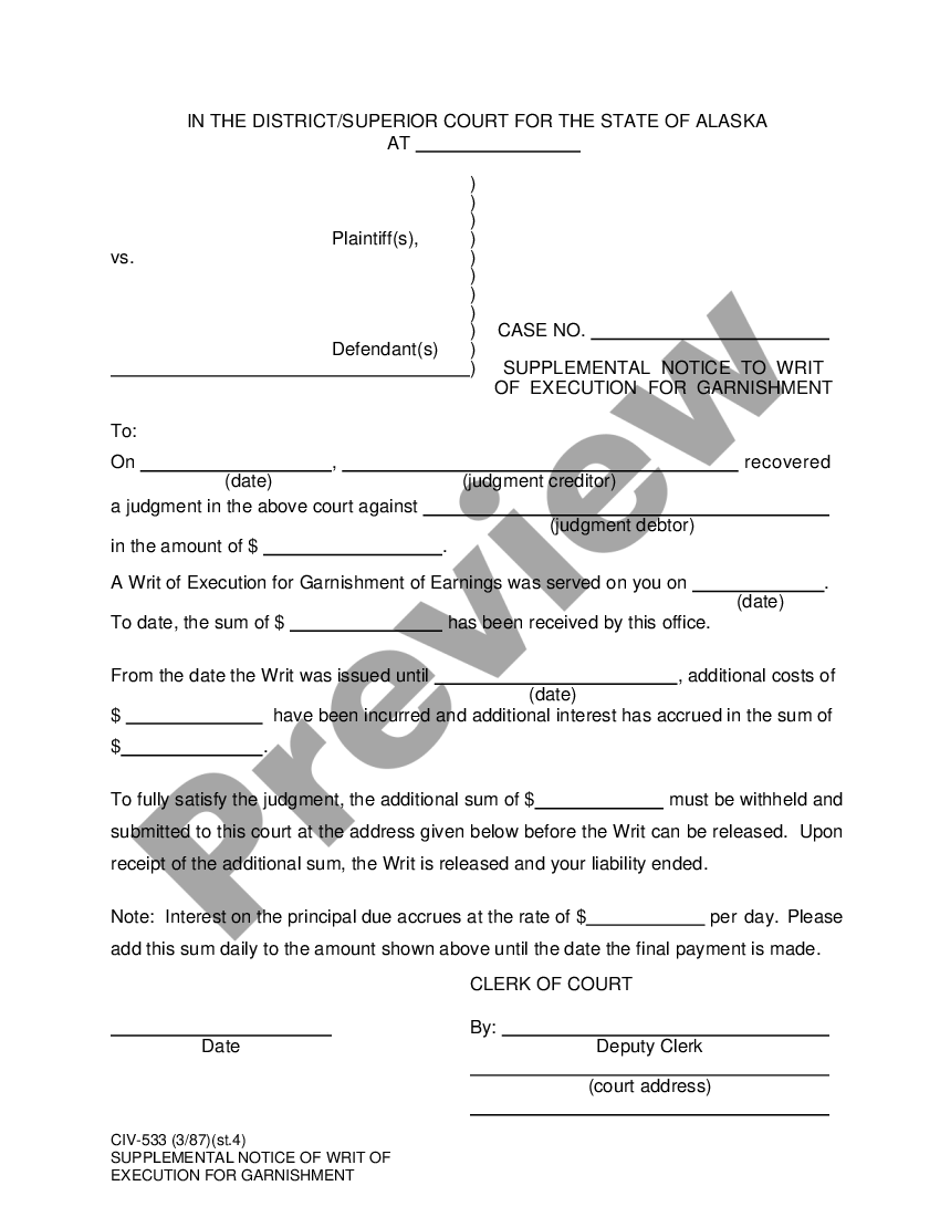 Alaska Supplemental Notice To Writ Of Execution For Garnishment 