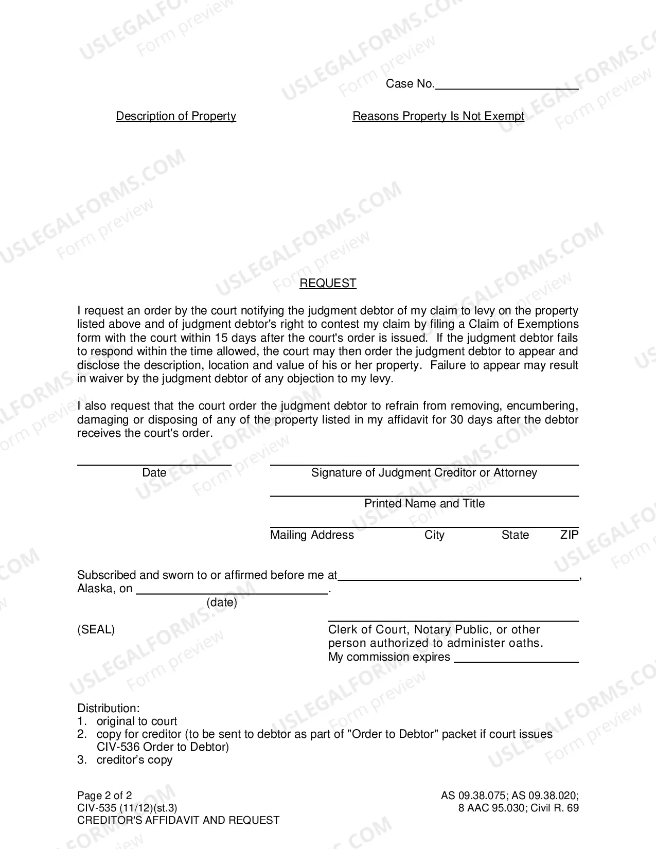 Preview Creditor's Affidavit and Request