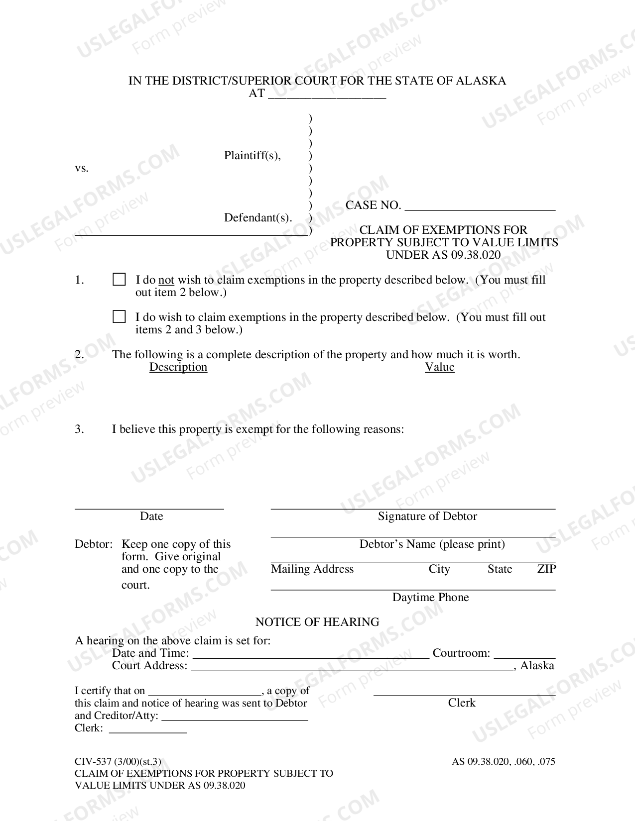 Alaska Claim of Exemptions for Property Subject to Value Limits Under