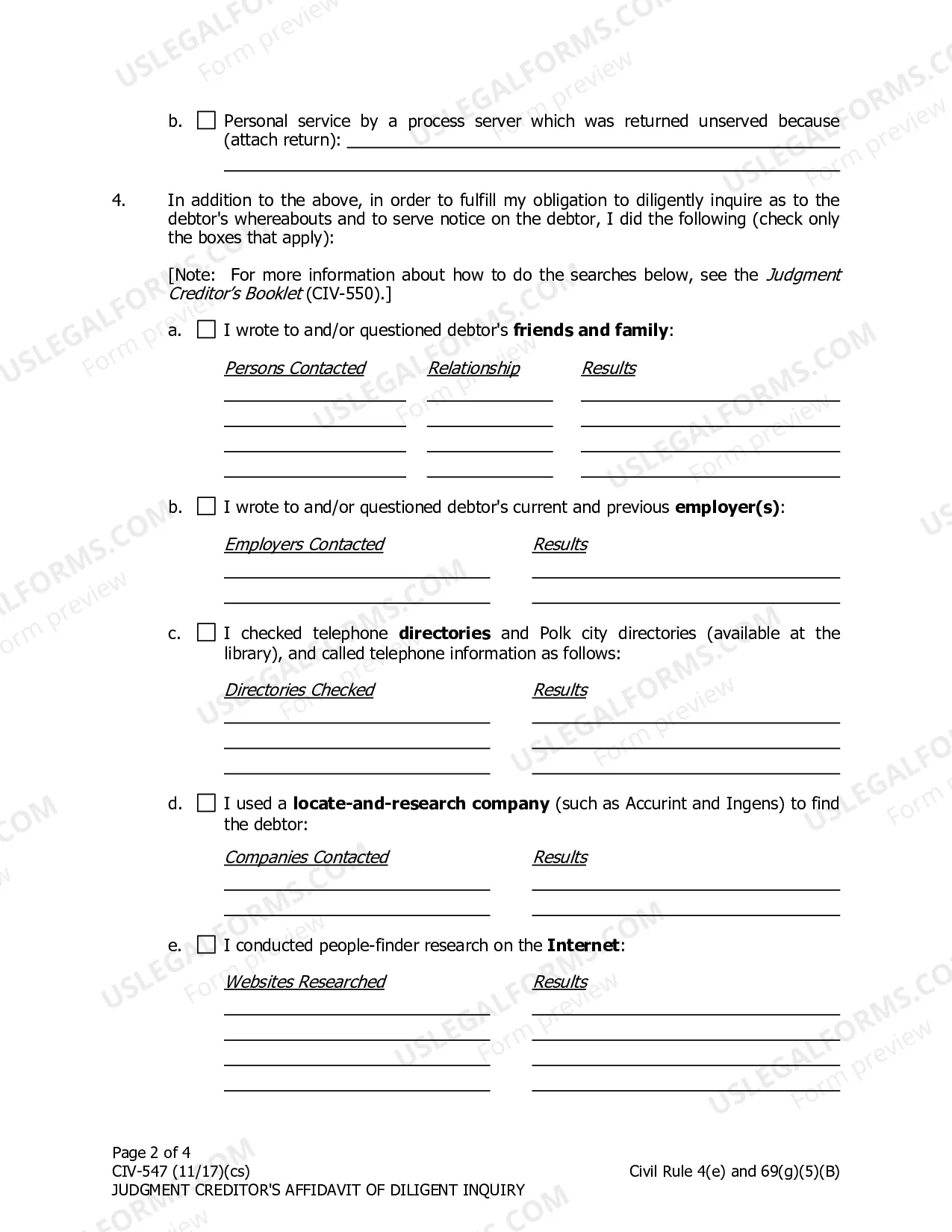 Preview Judgment Creditor's Affidavit of Diligent Inquiry