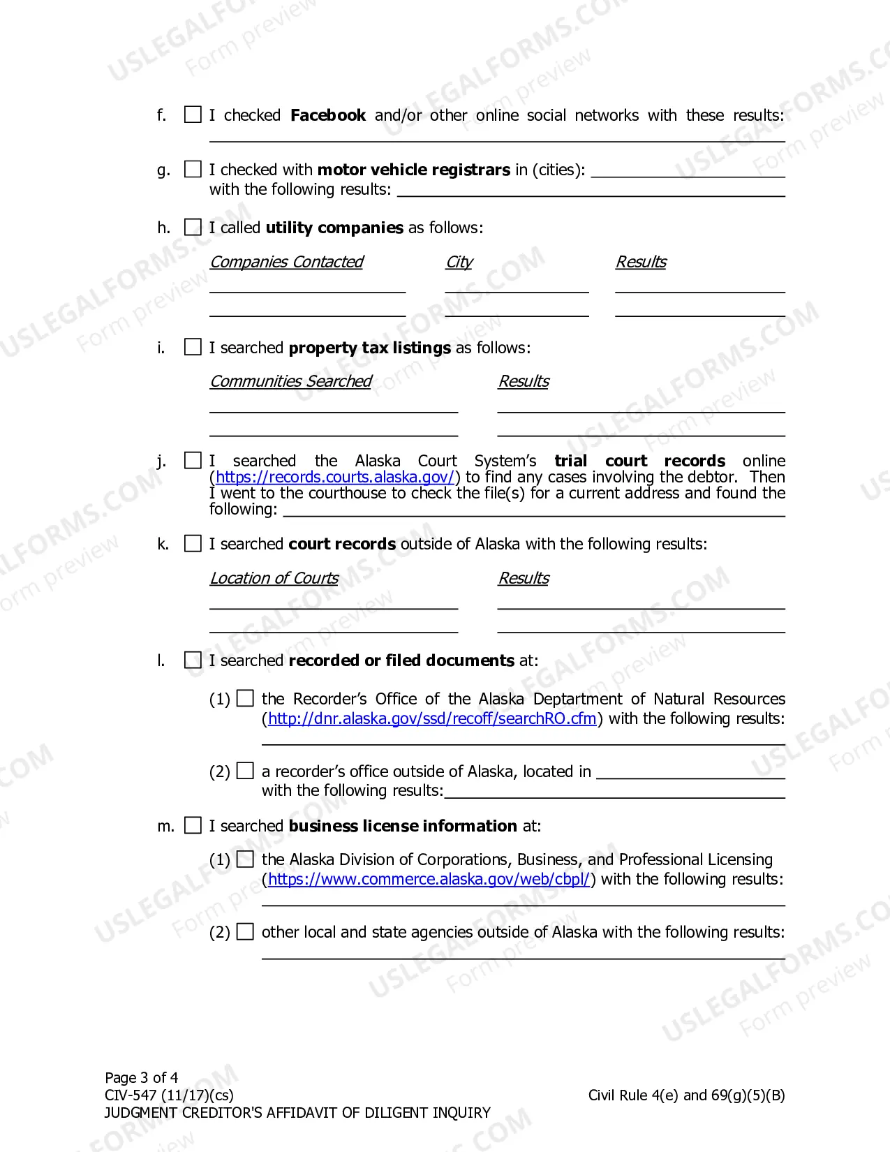 Preview Judgment Creditor's Affidavit of Diligent Inquiry