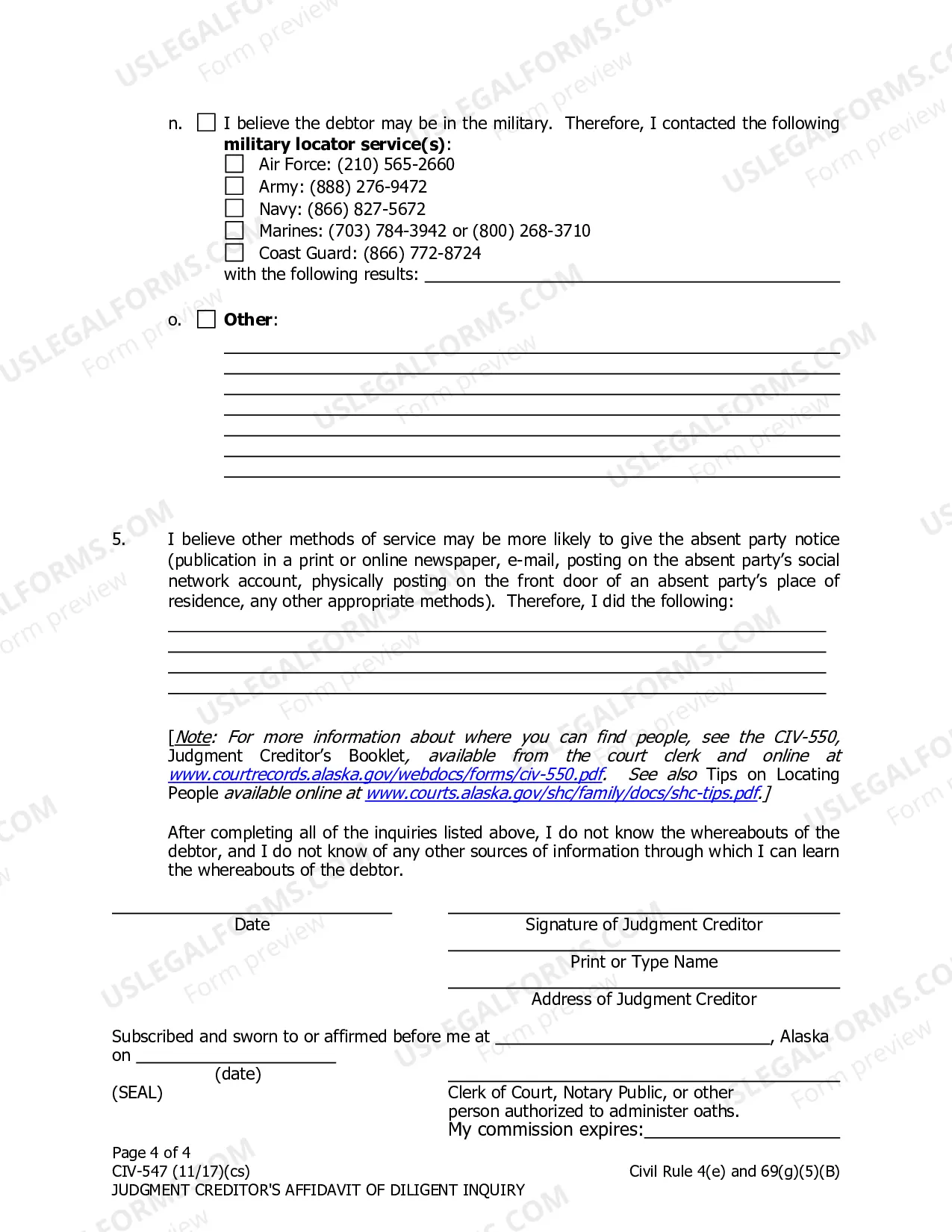 Preview Judgment Creditor's Affidavit of Diligent Inquiry