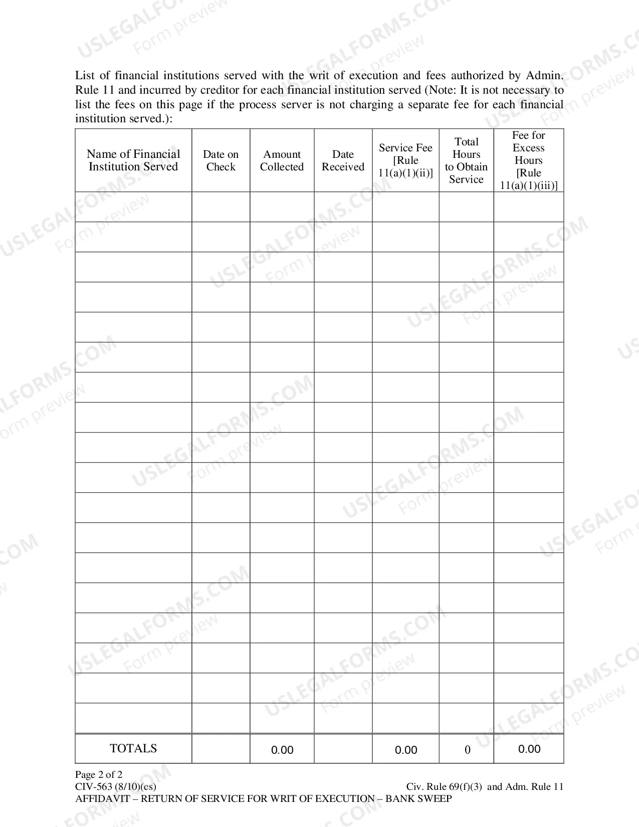 Preview Affidavit-Return of Service for Writ of Execution-Bank Sweep