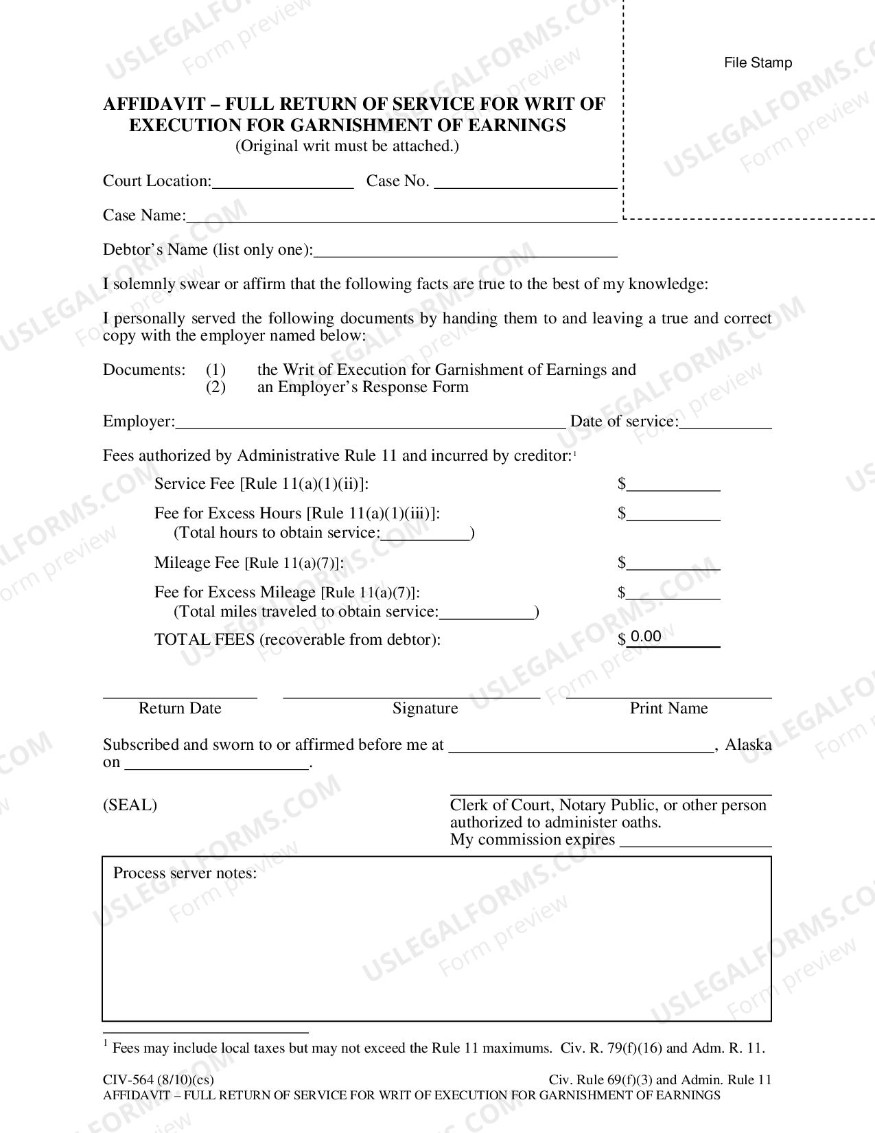 Alaska Affidavit Full Return of Service for Writ of Execution for