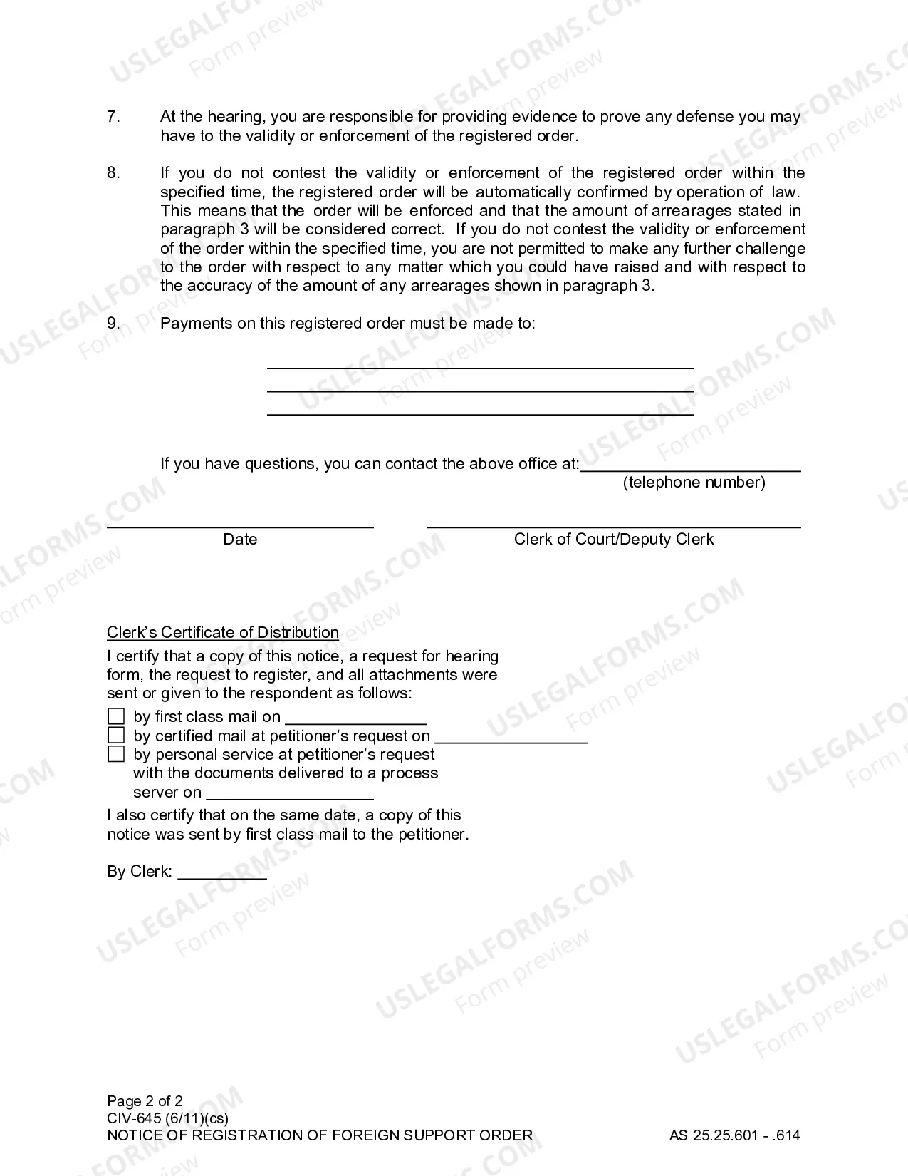 Preview otice of Registration of Foreign Support Order, CIV-645