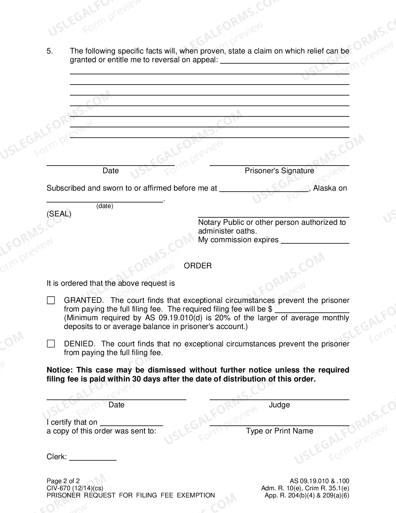 Preview Prisoner Request For Filing Fee Exemption