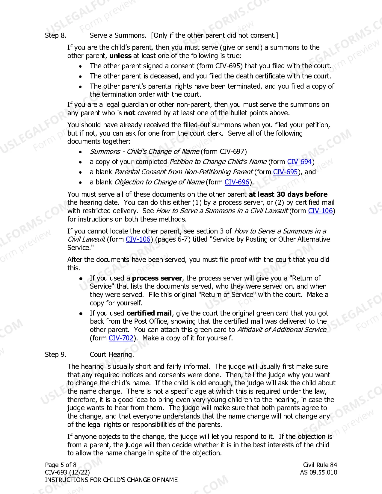 Preview Instructions for Child's Change of Name