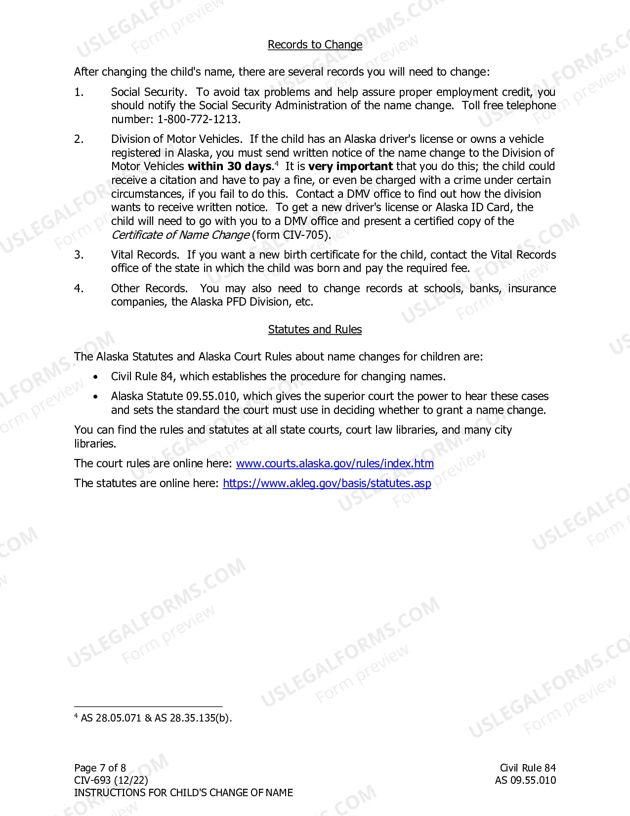 Preview Instructions for Child's Change of Name
