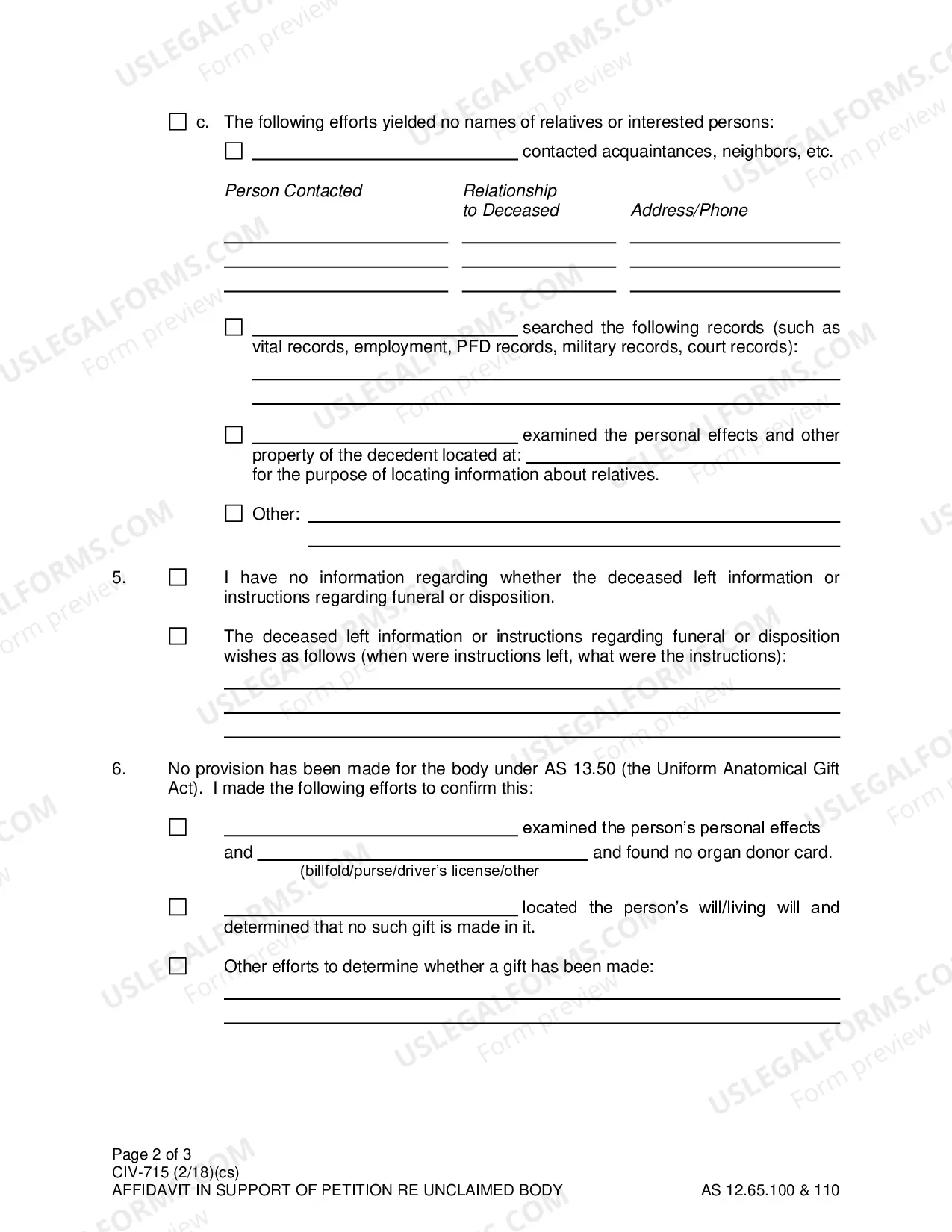 Preview Affidavit in Support of Petition for Order Authorizing Disposition of Unclaimed Body