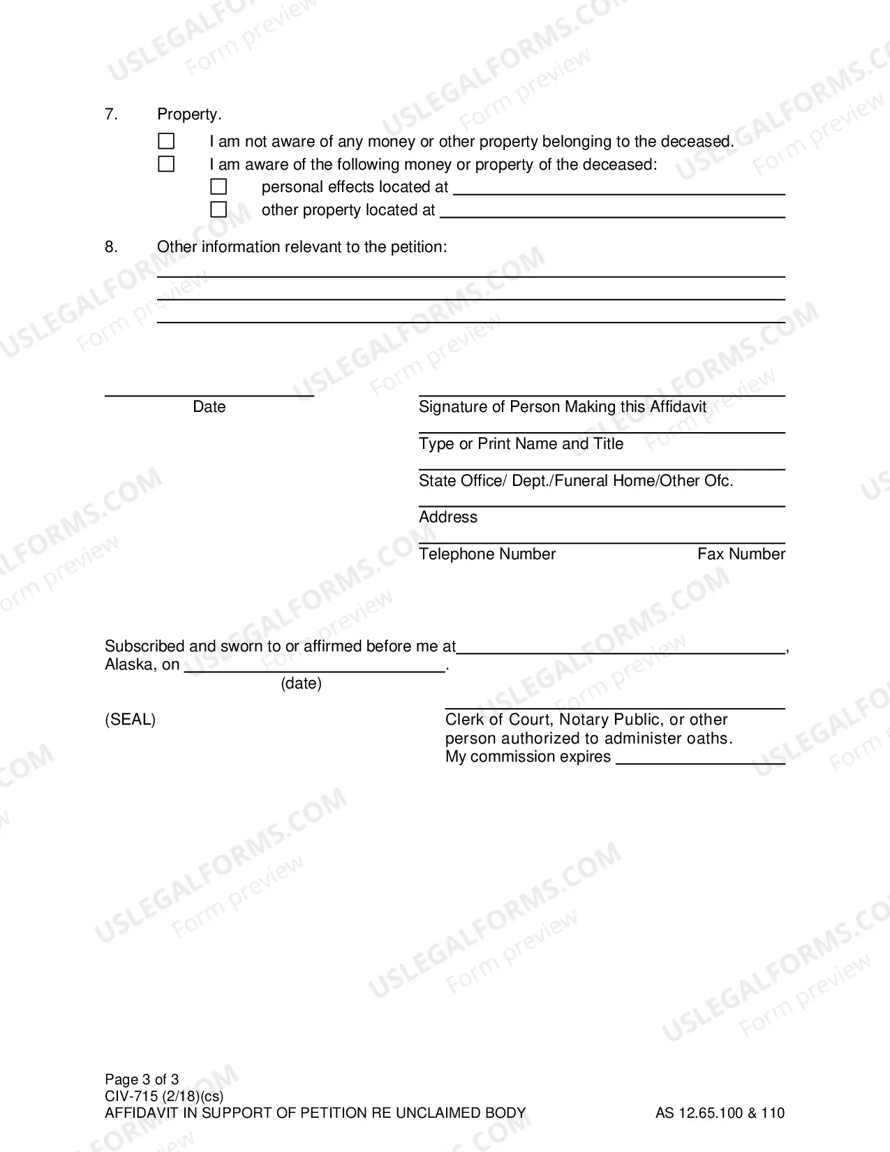 Preview Affidavit in Support of Petition for Order Authorizing Disposition of Unclaimed Body