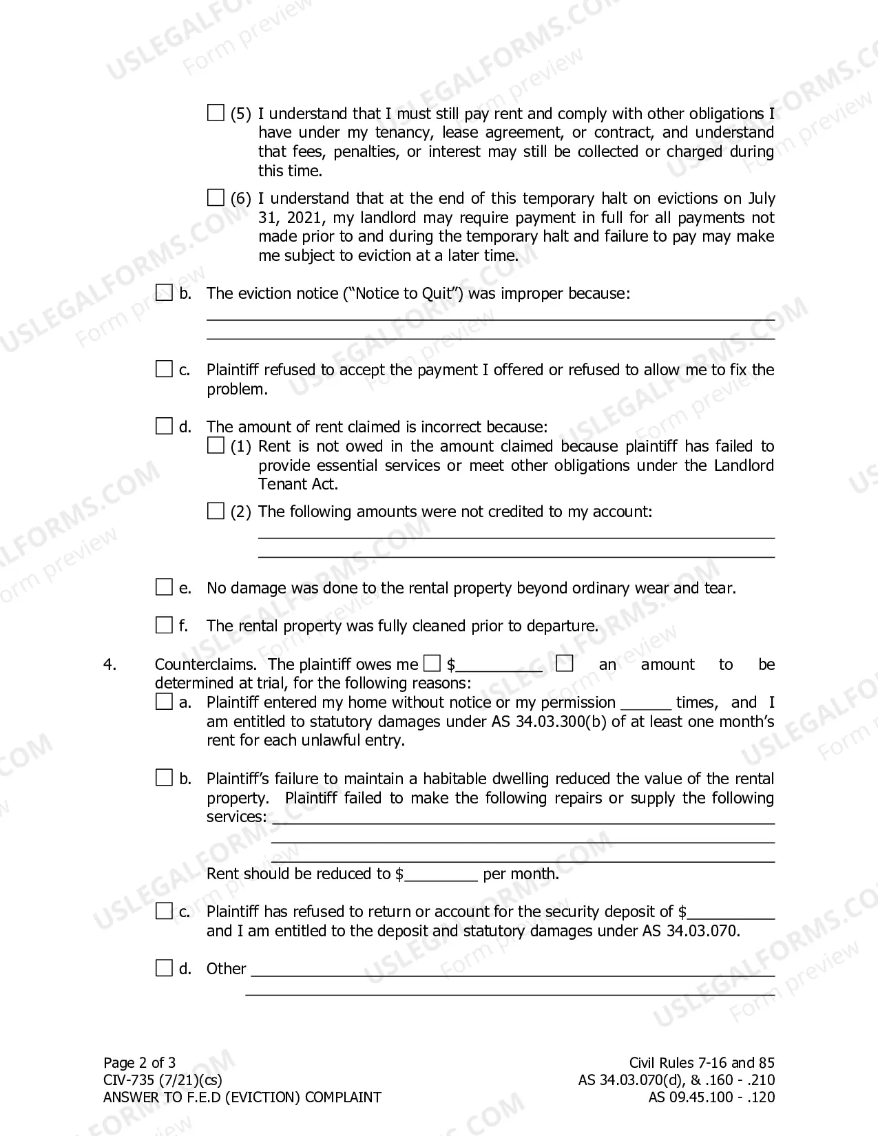 Preview Answer To Claim For Damages In F.E.D. Action