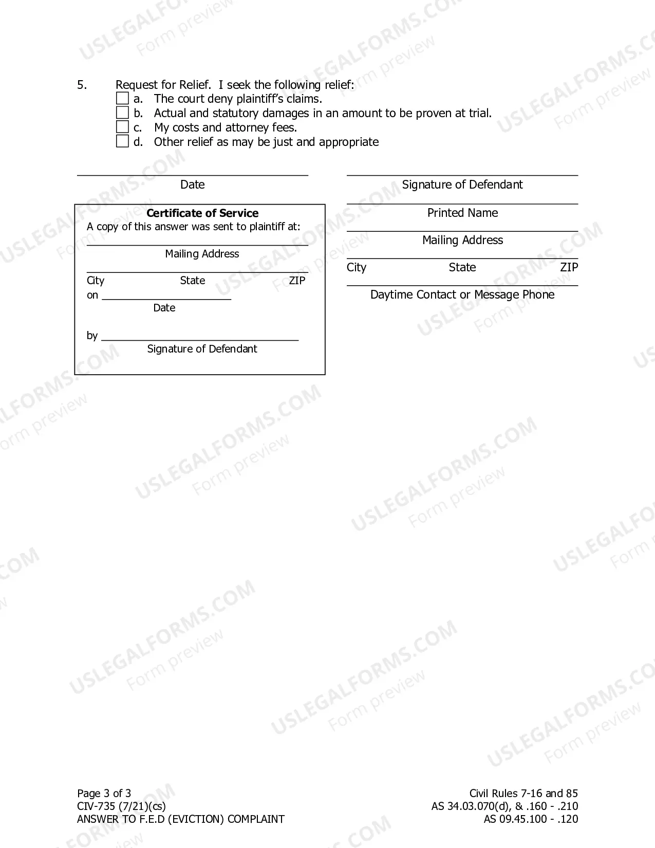 Preview Answer To Claim For Damages In F.E.D. Action